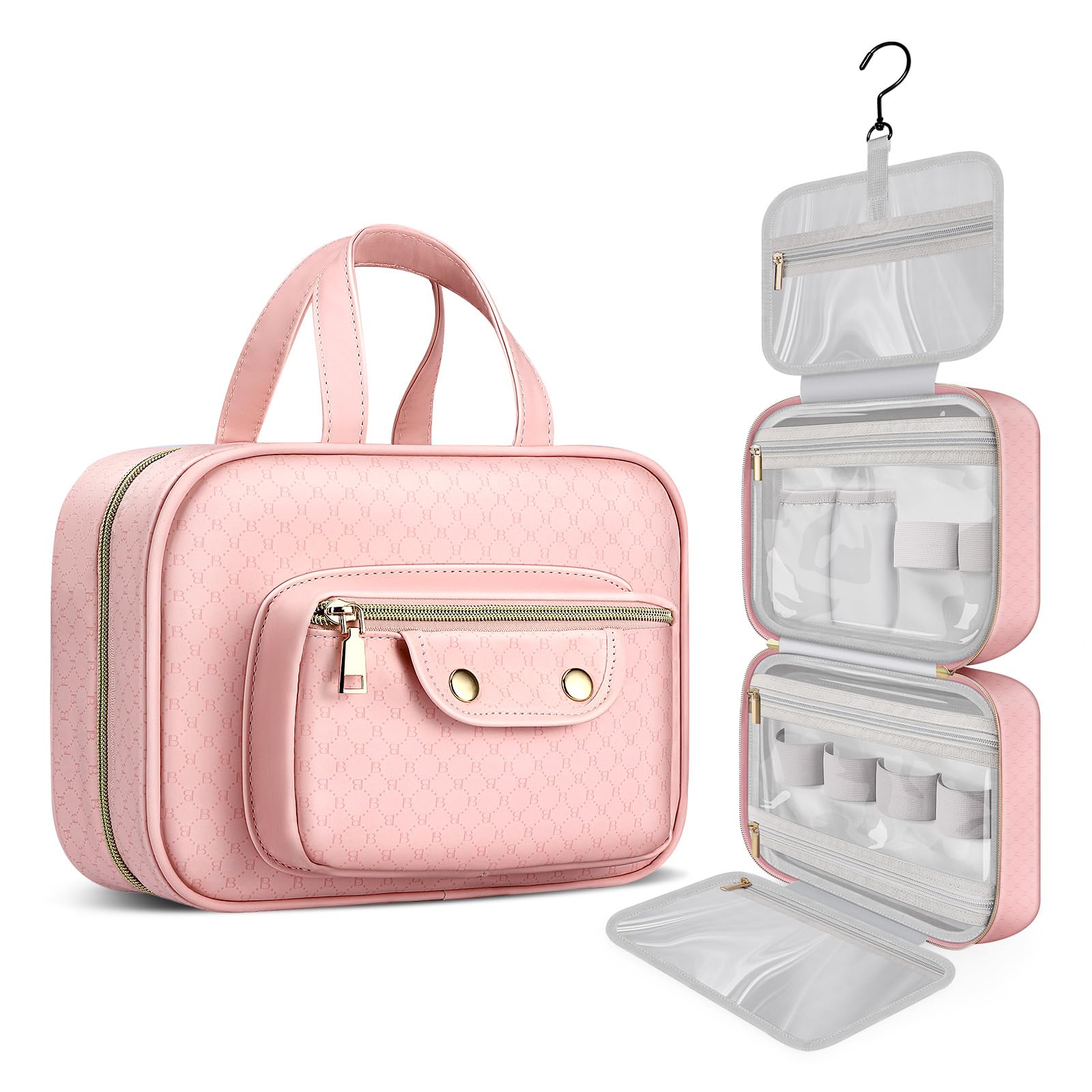 BOOMRICH Waterproof Hanging Toiletry Bag for Women - Travel Cosmetic Organizer with Multiple Pockets, Pink Makeup Bag for Bathroom & Shower - Perfect for Vacation, Gym, and Business Trips
