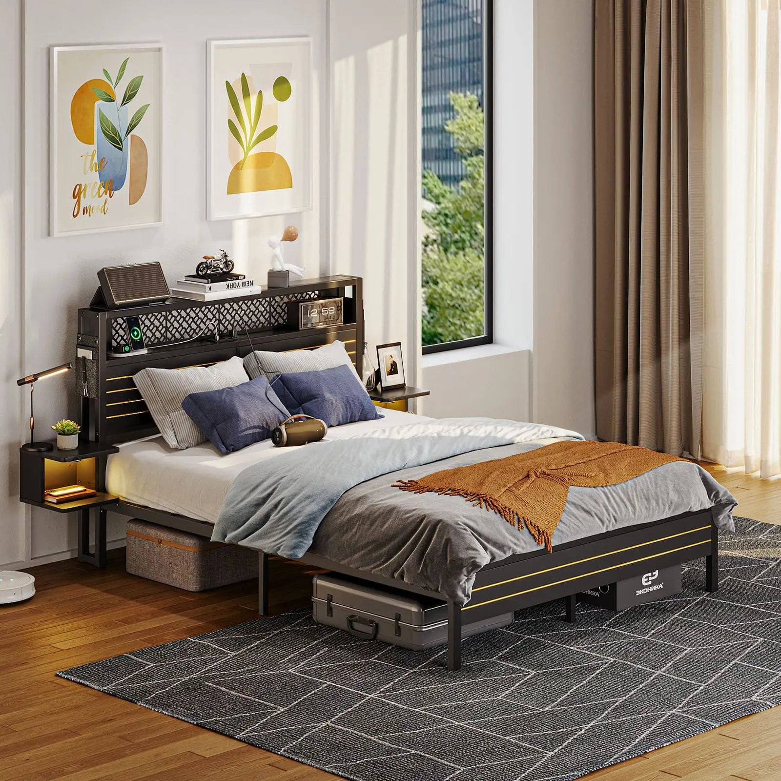 Bestier Queen Bed Frame with Horizontal Golden Stripe Storage Headboard - Modern Platform Bed with Underbed Storage - Perfect for Small Bedrooms, Guest Rooms & Apartments