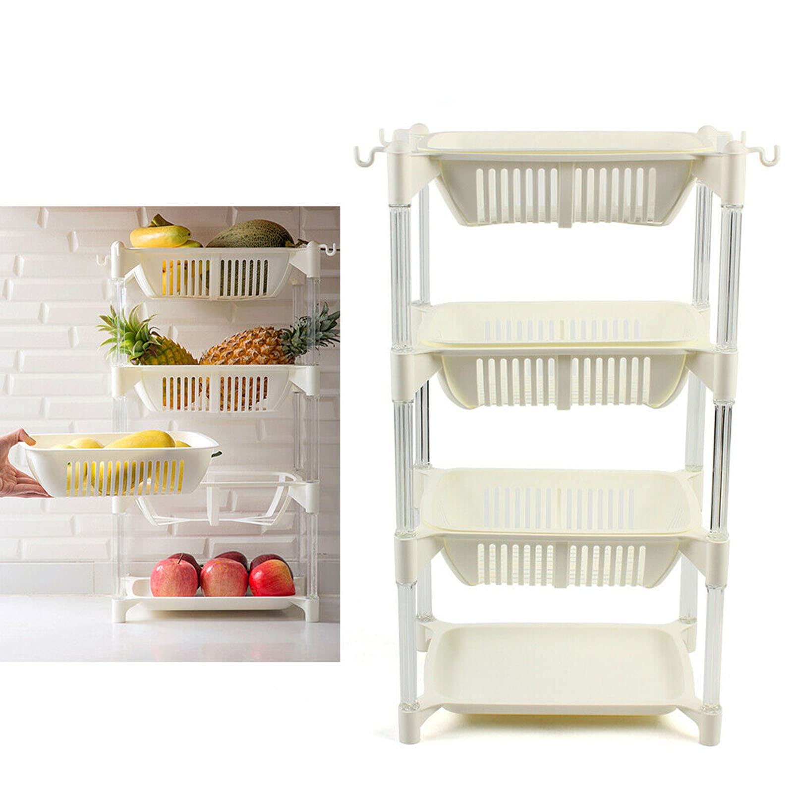 4-Tier Plastic Storage Basket for Fruits & Vegetables - Multifunctional Stackable Organizer for Kitchen, Bathroom, Cabinet & Floor - White - Perfect for Pantry Organization, Countertop Display & Home Storage Solutions