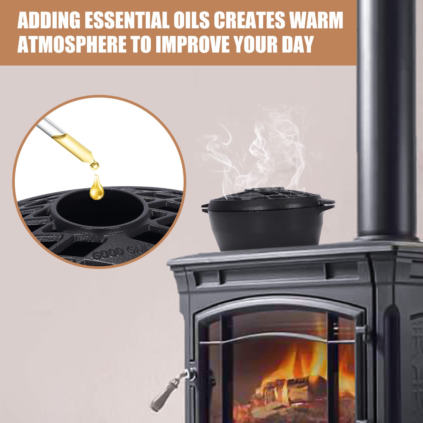 Premium Cast Iron Wood Stove Steamer & Fireplace Humidifier - 2.5 Quart Rust-Resistant Matte Black Design with Lattice Top | Indoor Wood Burning Stove Accessory for Dry Air Relief & Cozy Winter Home Decor