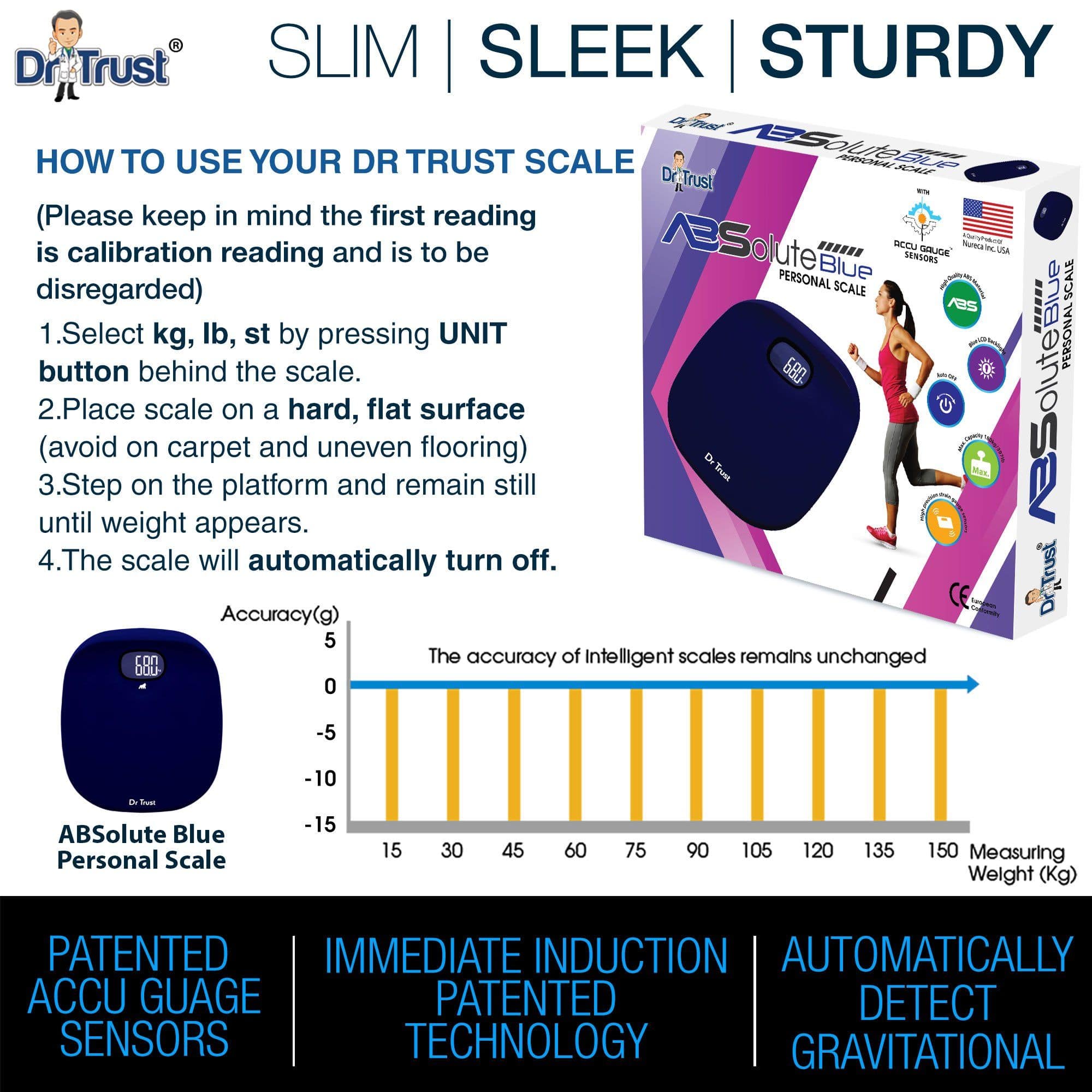 Dr Trust USA ABS Absolute Personal Scale - Digital Bathroom Scale with High Precision, Blue - Perfect for Home, Gym & Health Tracking