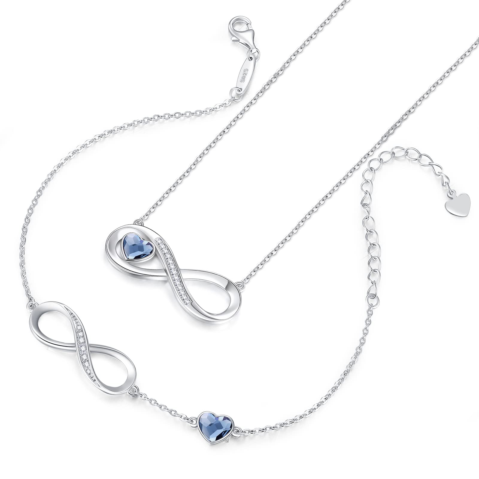 925 Sterling Silver Infinity Heart Charm Bracelet & Crystal Necklace Jewelry Set for Women - Adjustable, Elegant Gift for Mother's Day, Valentine's Day, Birthday - Perfect for Wife, Mom, Girlfriend, Her | Romantic Occasions, Date Nights, Special Celebrations