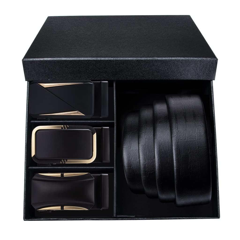 Premium Genuine Leather Belt for Men - Black with Gold Automatic Buckle | Fashion Alloy Buckle | 160cm (63 inches) | Gift Box Included | Perfect for Business, Casual & Formal Wear