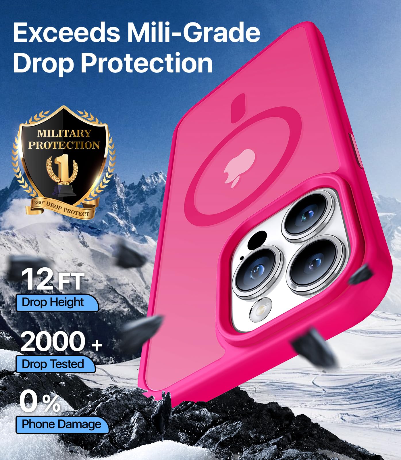 Magnetic iPhone 15 Pro Max Case with MagSafe Compatibility | Military-Grade Drop Protection | Shockproof Slim Matte Cover | Translucent Hot Pink Design | Perfect for Daily Use, Travel & Outdoor Activities