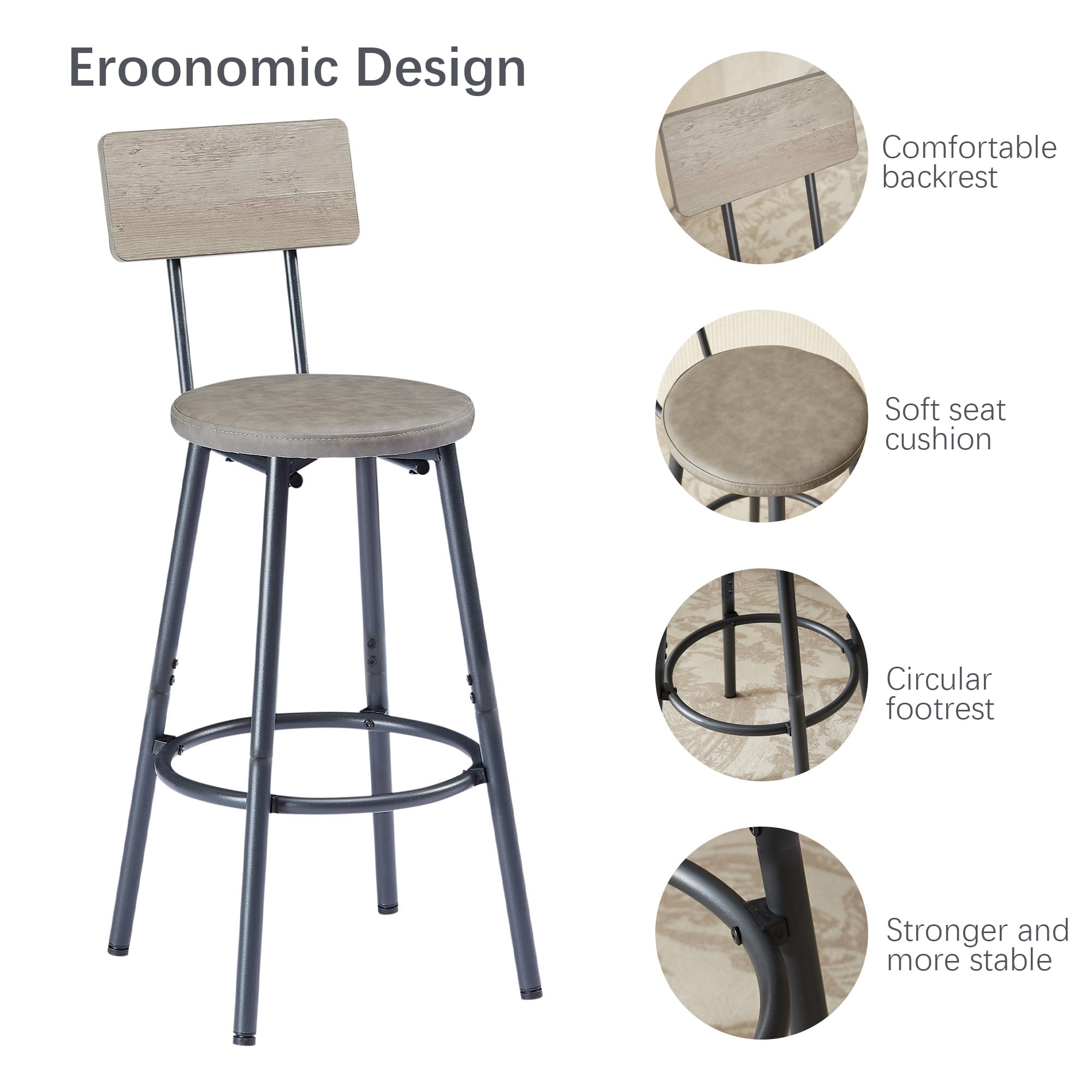 GNIXUU 4-Piece Industrial Bar Table Set with Sofa Table & 3 Upholstered Backrest Stools - Counter Height Dining Set for Small Spaces, Breakfast Nook, Living Room, Kitchen Island or Patio (Grey)