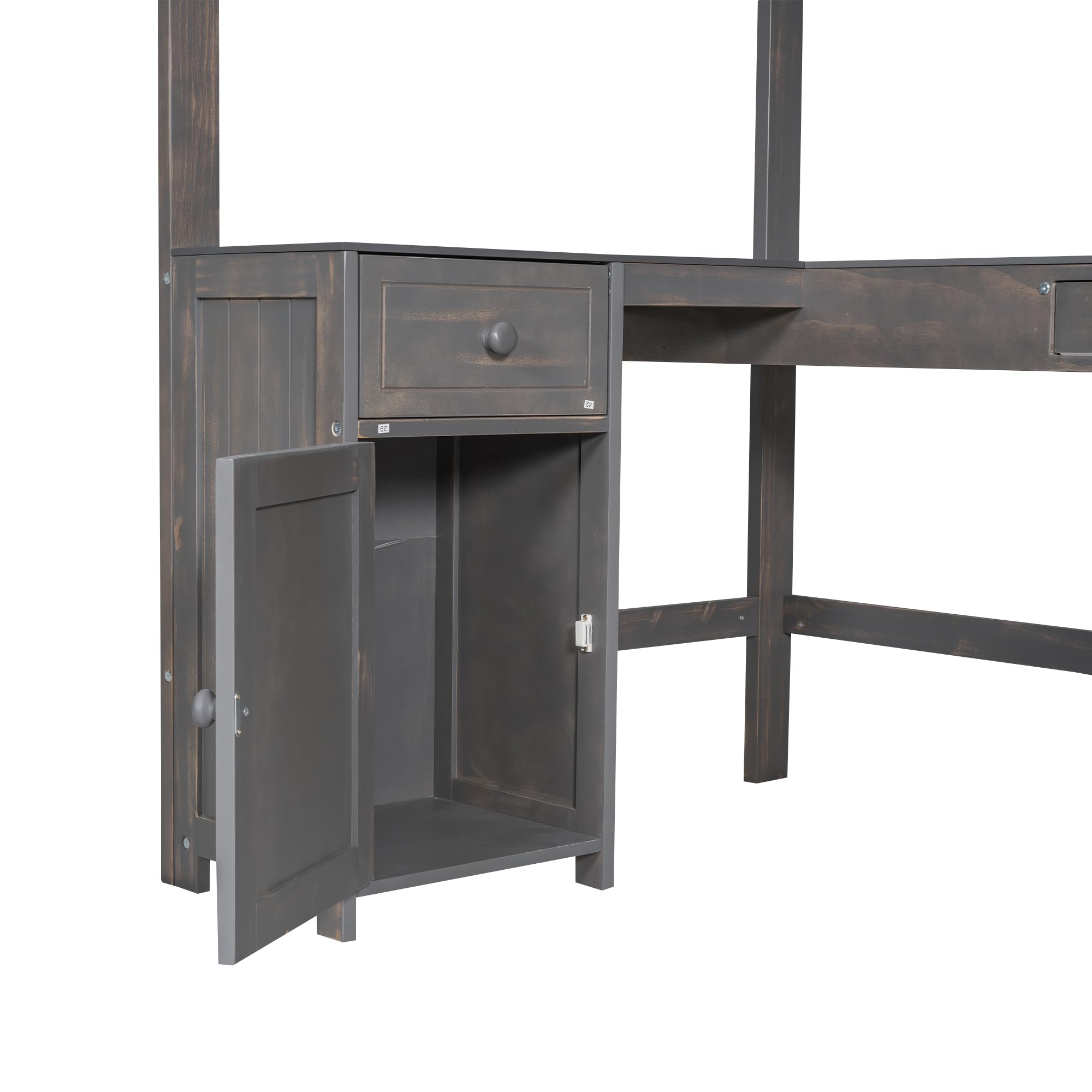 Harper & Bright Designs Twin Size Loft Bed with U-Shaped Desk & Storage - Wooden High Loft Bed Frame with Cabinet, Drawers & Shelves in Antique Brown - Perfect for Small Bedrooms, Kids Rooms & Dorm Rooms