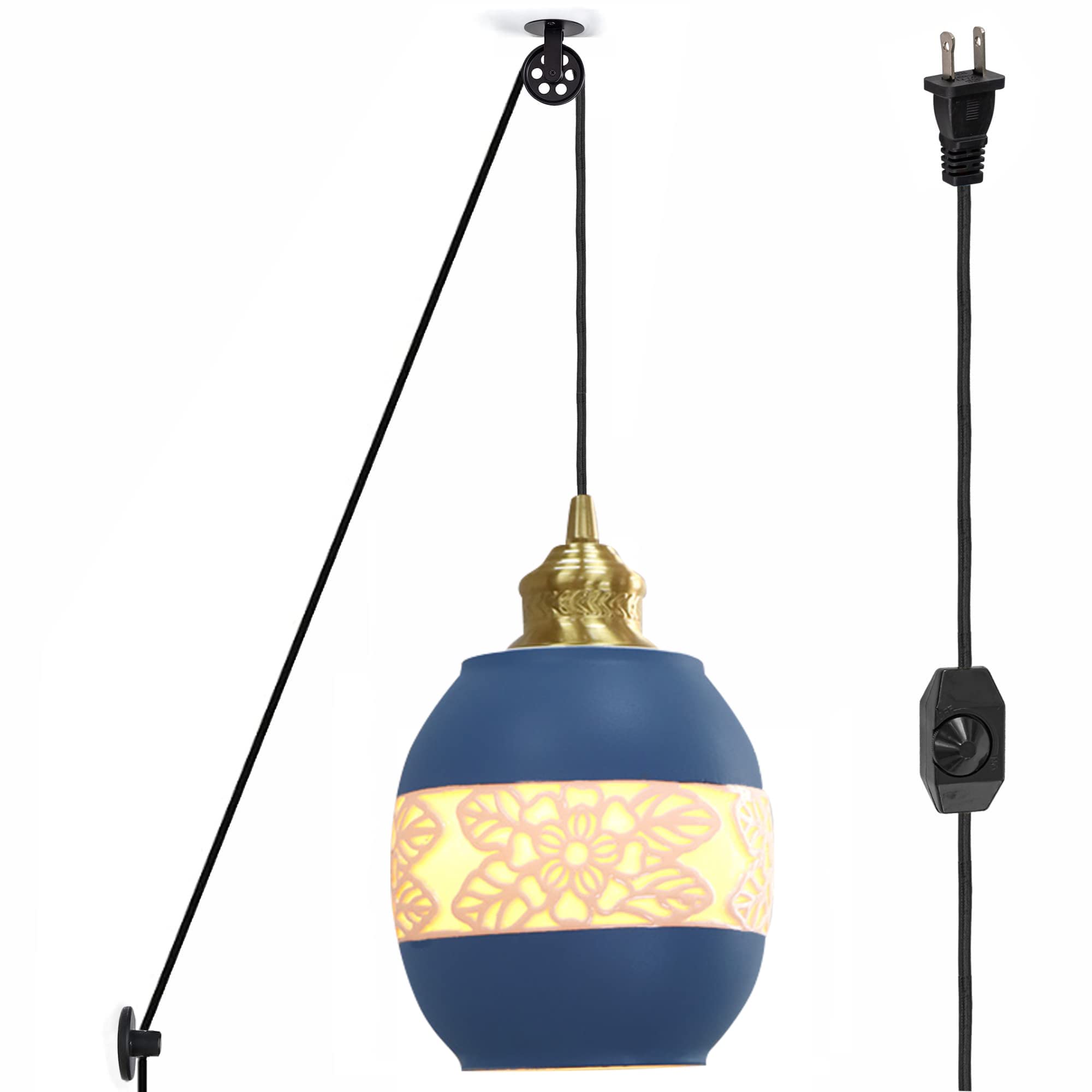 Kiven Retro Industrial Pulley Plug-in Ceramic Pendant Light - 15ft Cord with Dimmer Switch, Wall Mount Ceiling Light Fixture for Office, Warehouse, Loft & Industrial Decor (Bulbs Not Included) - Perfect for Vintage Lighting in Workspaces, Restaurants and Home Interiors