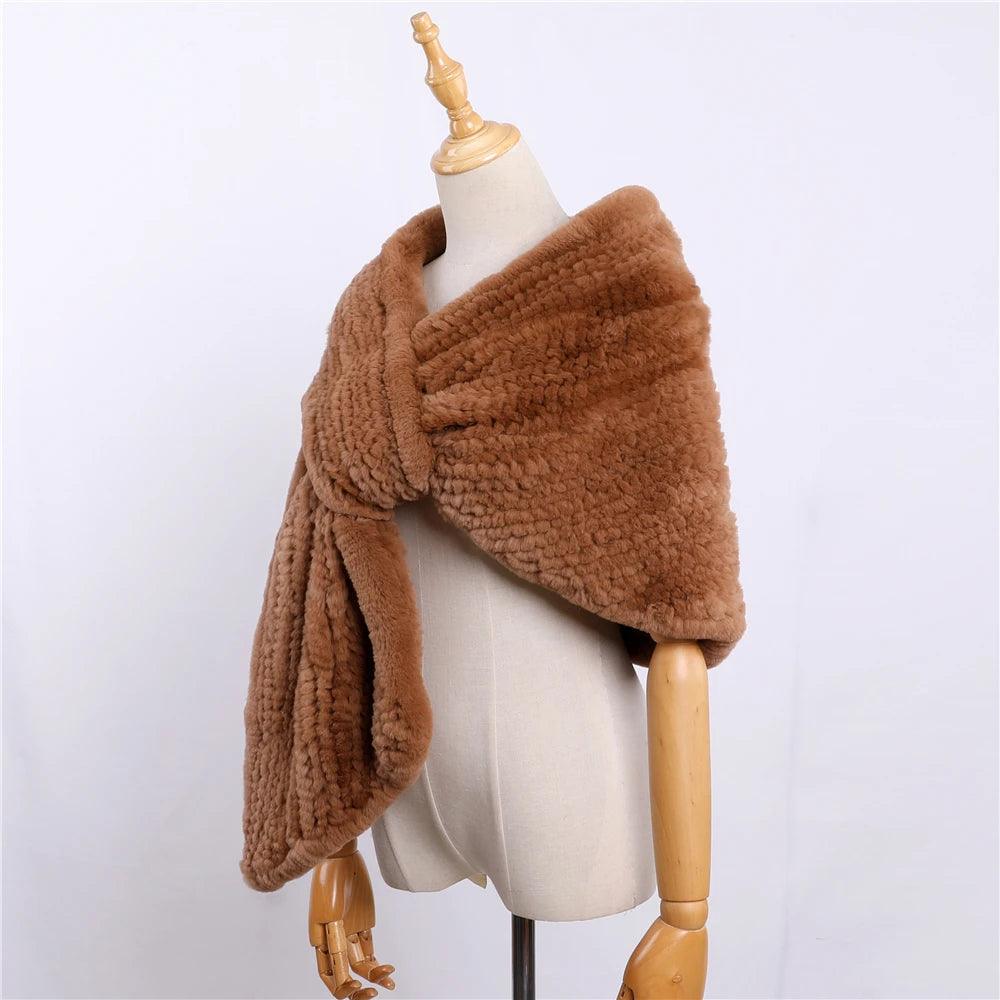 Luxury Hand-Knitted Women's Winter Rex Rabbit Fur Cape Shawl - Warm Elegant Wrap for Cold Weather, Parties & Special Occasions