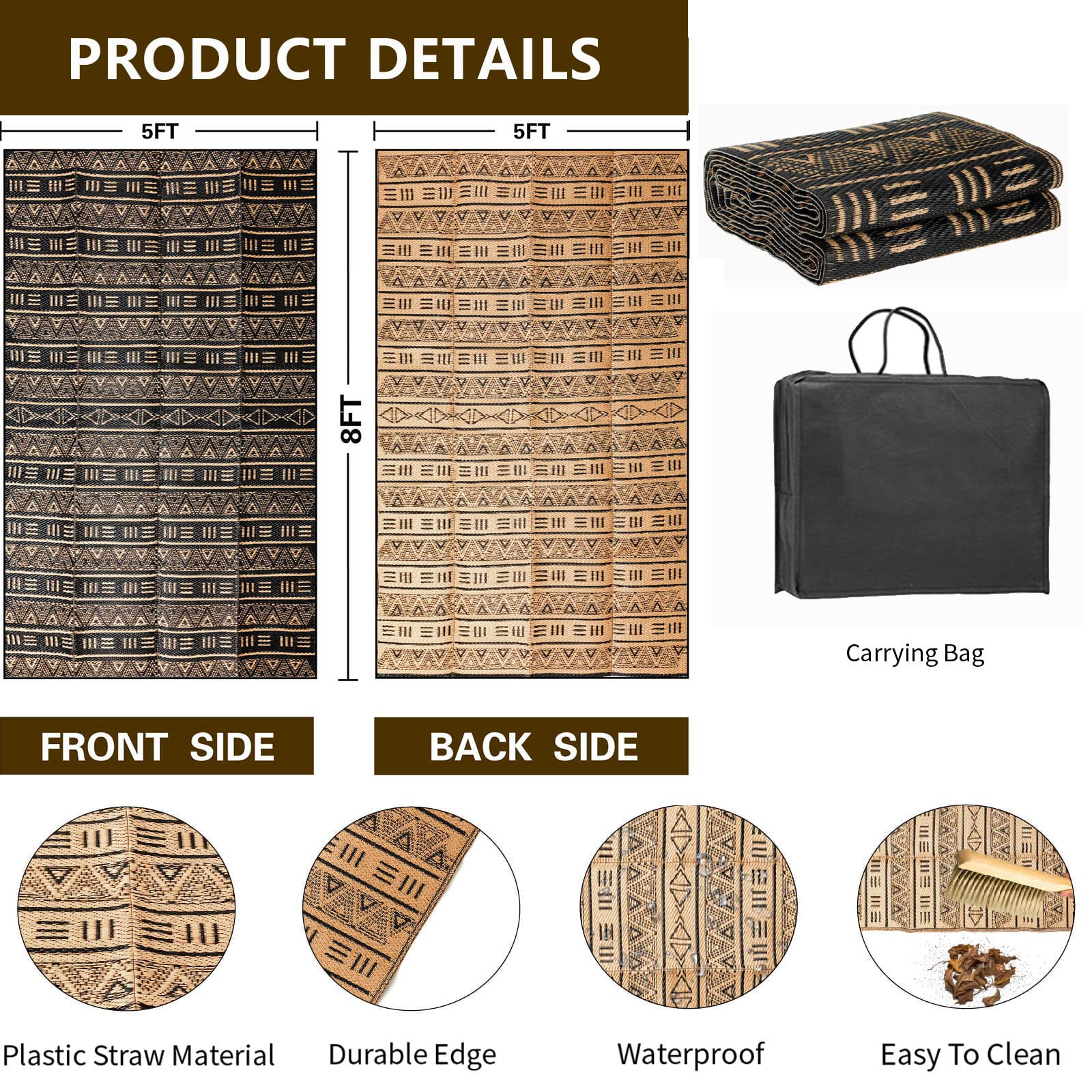 Reversible 5x8ft Waterproof Outdoor Rug - Geometric Bohemian Design for Patio, RV, Camping, Beach & Backyard | Portable Plastic Straw Mat for Picnic, Clearance & Decor