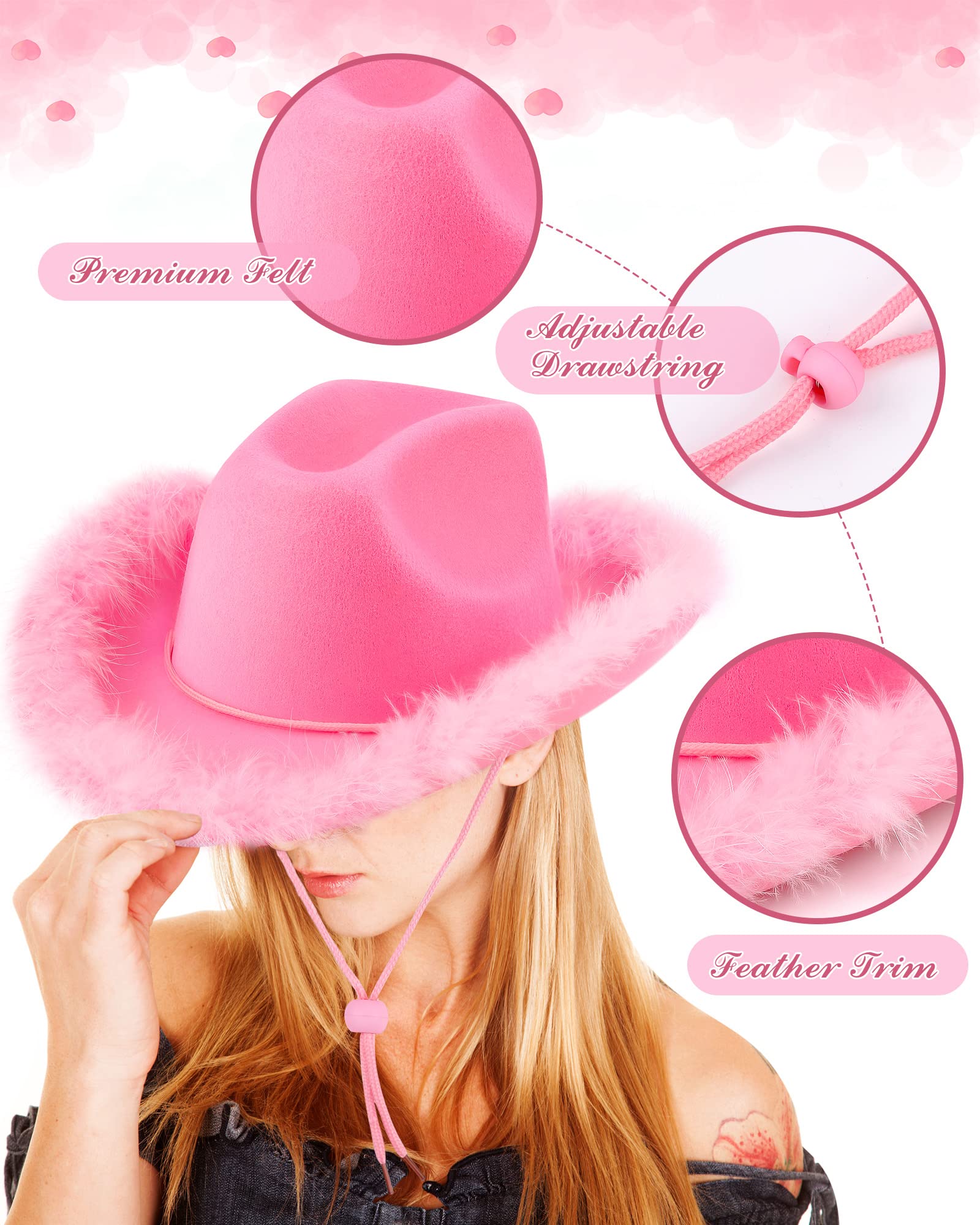 12pcs Cowgirl Hats with Feather Boa - Western Women's Cowboy Hats for Bachelorette Party, Wedding, Halloween Costume & Country Music Festival Accessories