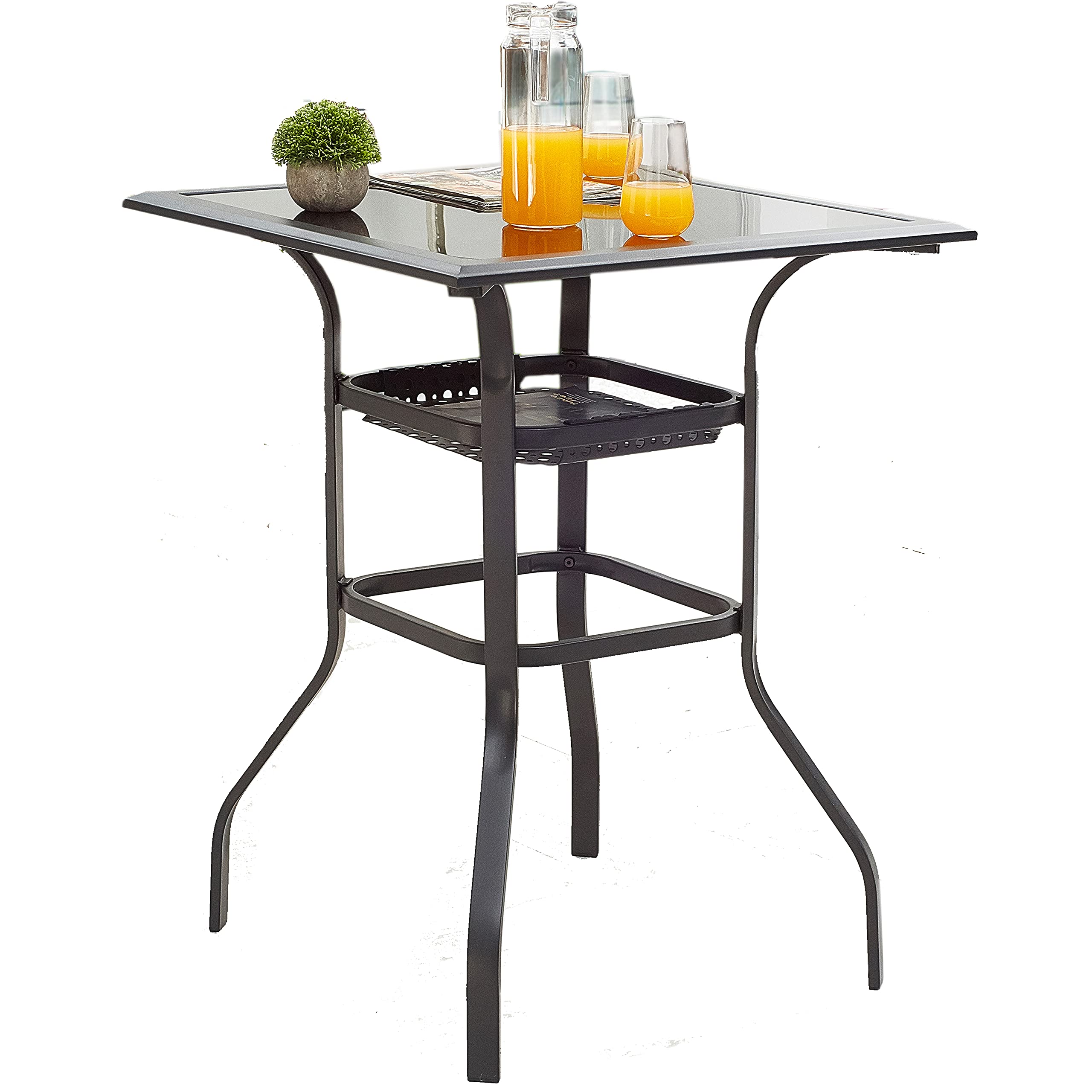 LOKATSE HOME 2-Tier Square Side Table with Tempered Glass Top - Outdoor Patio Tea Table, Bar Height Bistro Table with Storage Shelf - Perfect for Garden, Balcony, and Small Space Decor