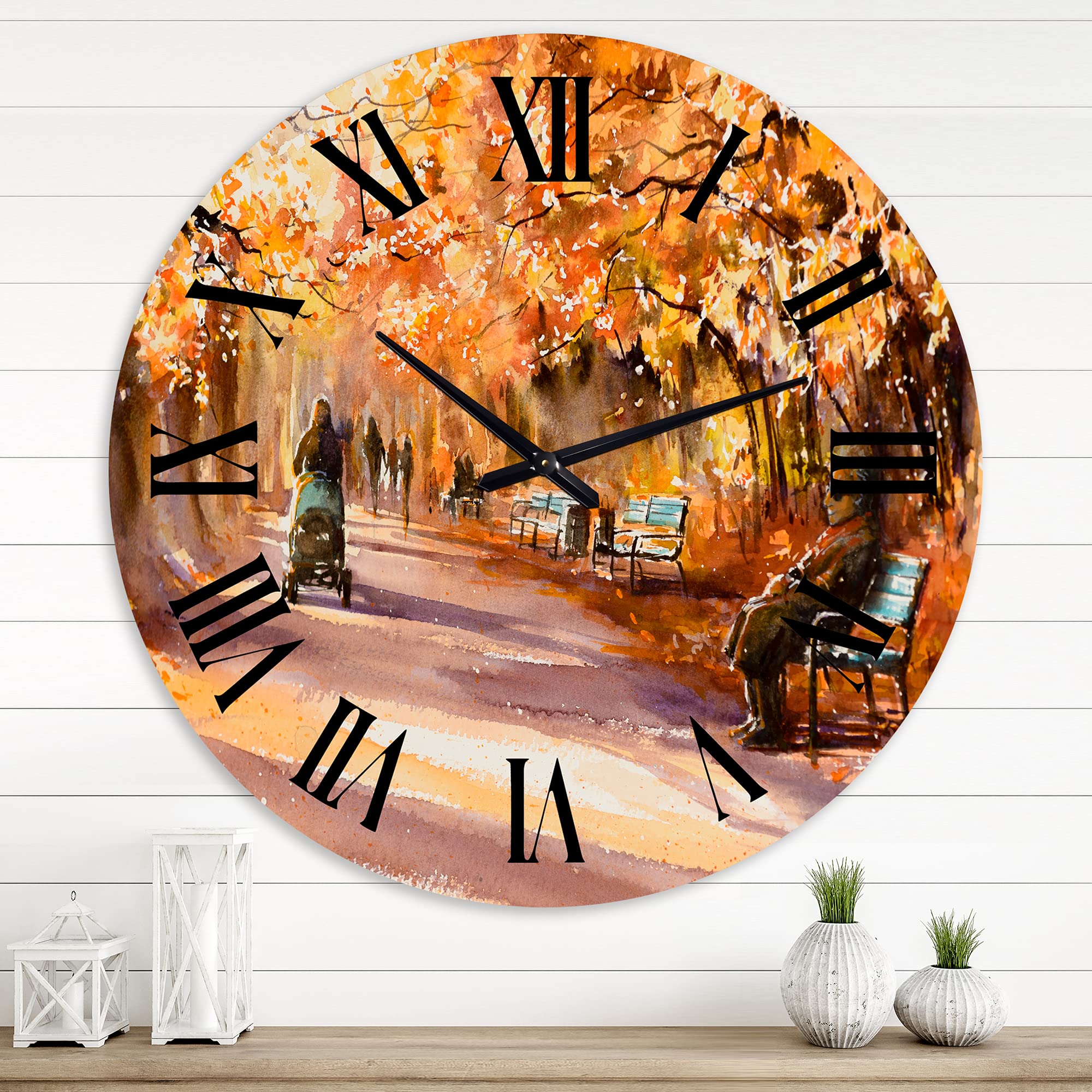 Large Country Wall Clock 'Road in The Park in Sunny Autumn Day' - Landscape & Nature Decor for Kitchen, Living Room, Bedroom - Perfect Rustic Home Décor Gift
