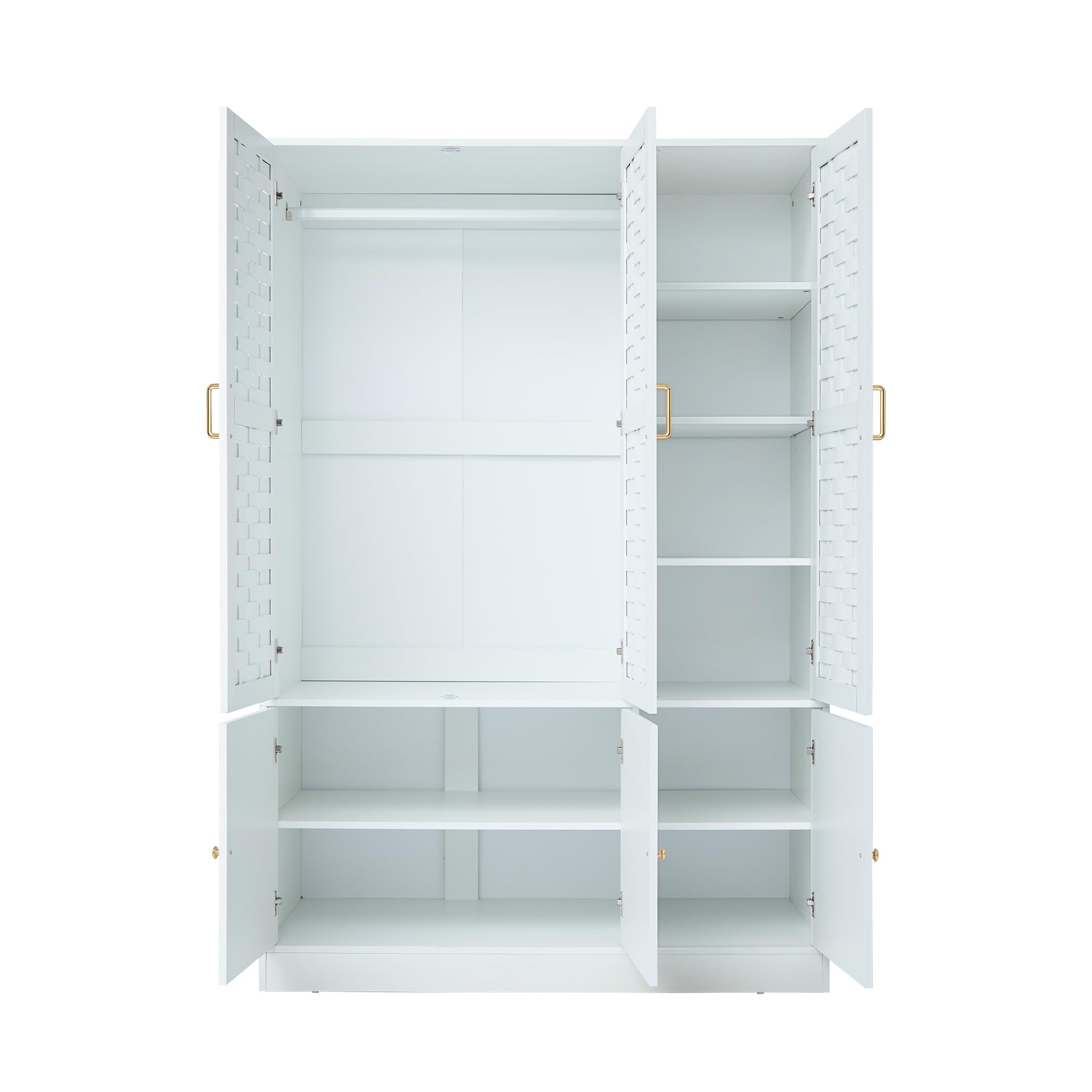 Large White Wooden Armoire Wardrobe with 6 Woven Doors, 8 Shelves & Metal Handles - Spacious Storage Cabinet with Hanging Rod for Bedroom, Closet or Living Room Organization