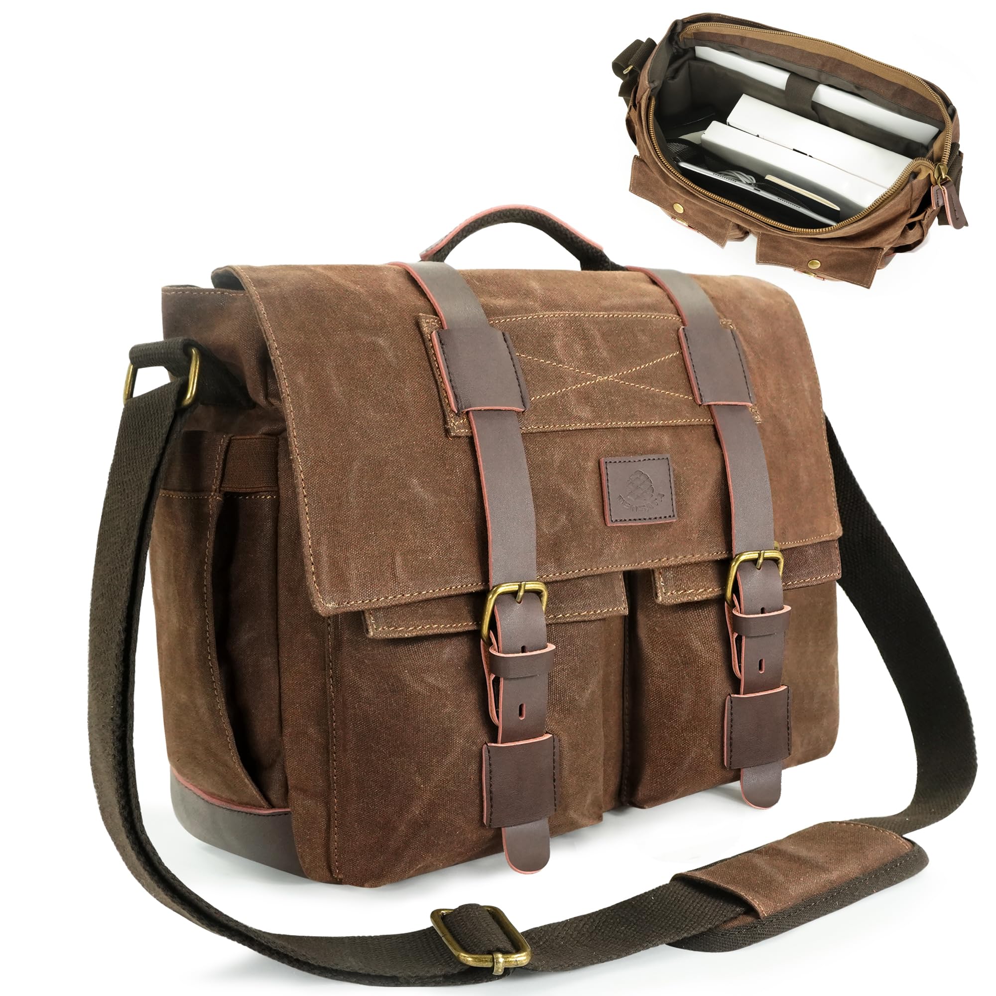 Vintage Waxed Canvas Messenger Bag for Men - 14-15.6 Inch Laptop Satchel, Water-Resistant Leather Briefcase for Work, School & Travel - Perfect for Business Commute, College Campus & Daily Use (Brown)