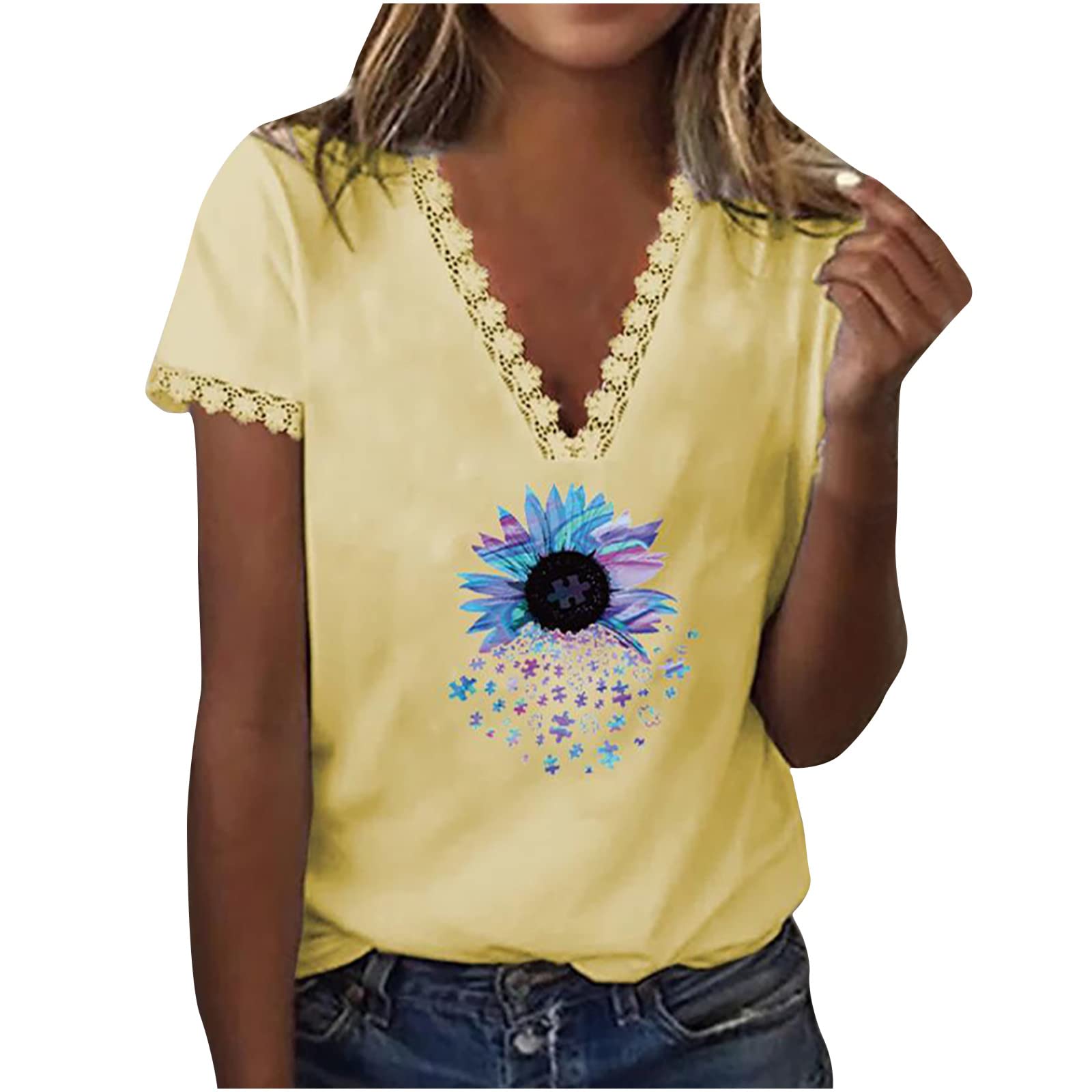 Stylish Women's Summer Tunic Tops - Short Sleeve Fitted V-Neck Graphic Tees & Casual Blouses | Trendy Pullover T-Shirts for Beach, Office & Weekend Outings