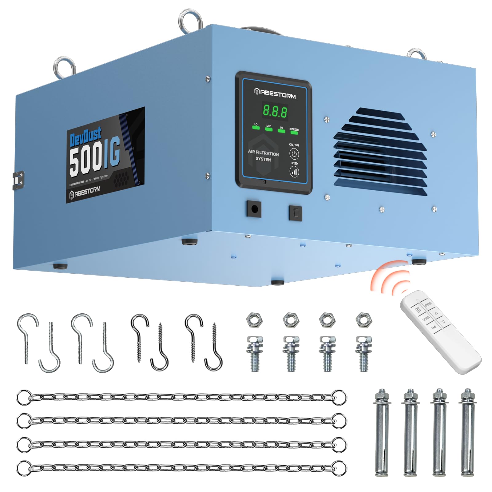 Abestorm Remote-Controlled Air Filtration System with Built-in Ionizer - Industrial Hanging Air Purifier for Woodworking, Garage & Workshop | DecDust 500IG | Eliminates Dust & Pollutants for Cleaner Workspaces
