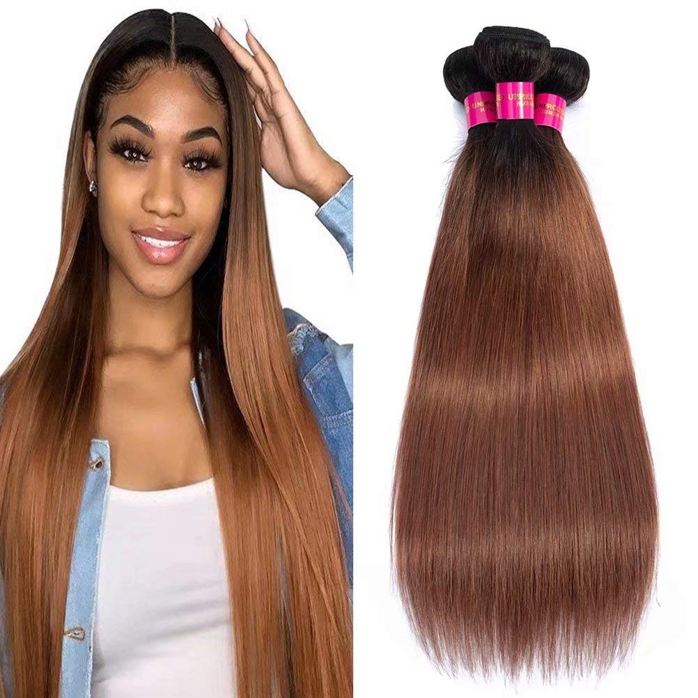 FEEL ME Black to Brown Straight Ombre Human Hair Bundles 1B/30 | 100% Virgin Brazilian Hair Extensions | Unprocessed 8A Grade Silky Straight Weave (14 16 18 Inches) | Perfect for Daily Wear, Parties & Special Occasions