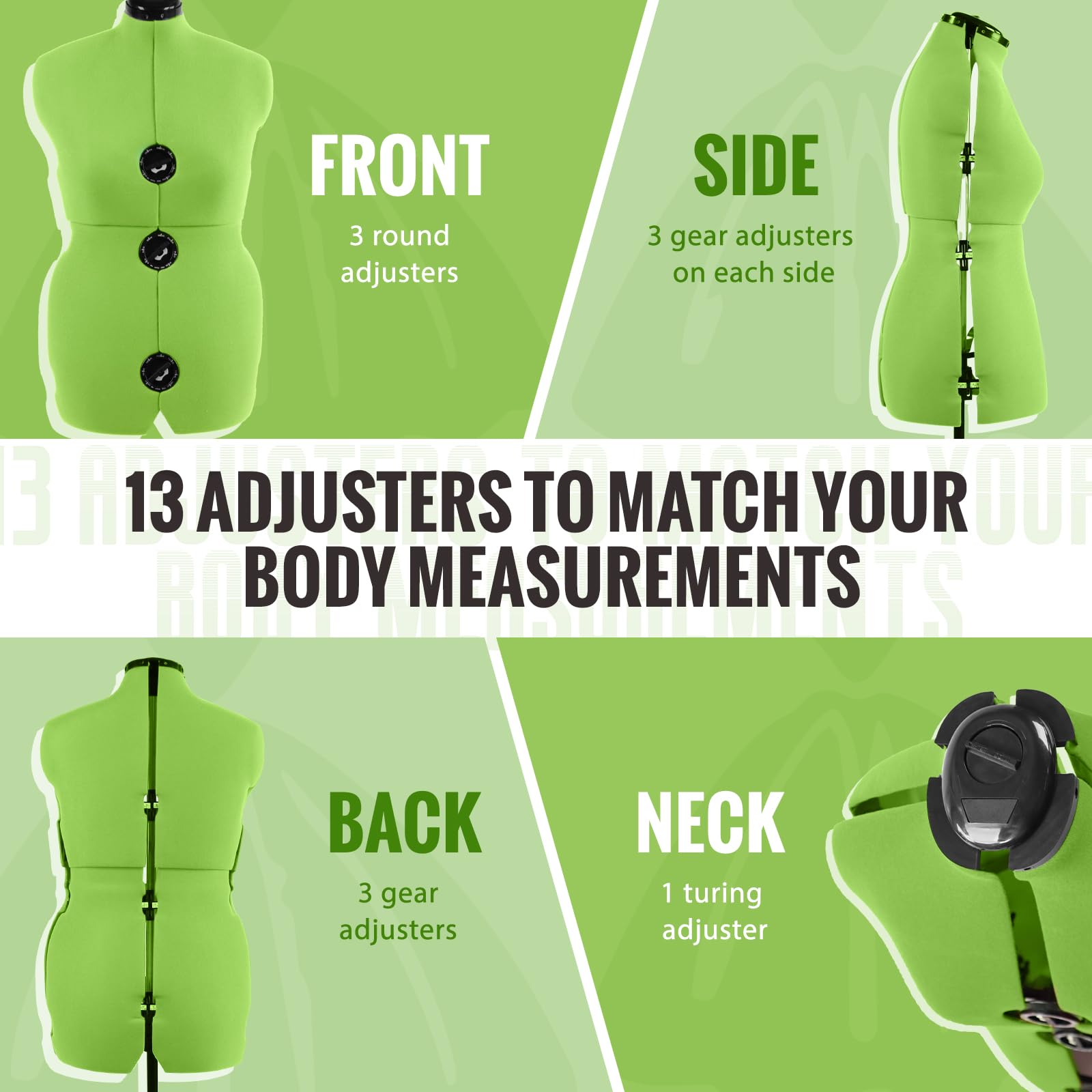 Adjustable Dress Form for Sewing - Neon Green Female Mannequin Size 12-18, Pin-able Body with 13 Dials & 360° Hem Guide, Height Adjustable up to 75
