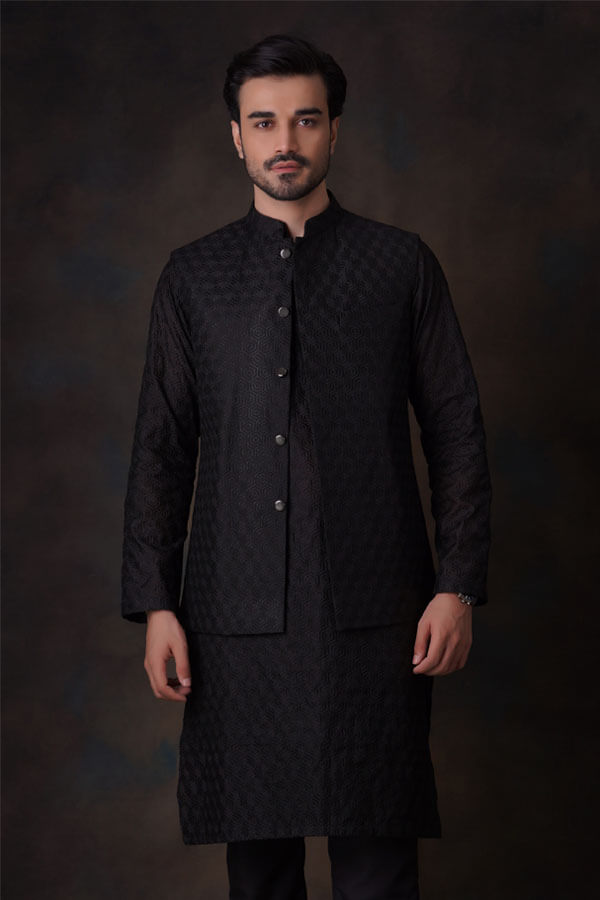 Jet Black Honeycomb Embroidered Cotton Sheer Kurta and Waistcoat Set for Women | Elegant Indian Ethnic Outfit | Perfect for Festivals, Weddings & Special Occasions