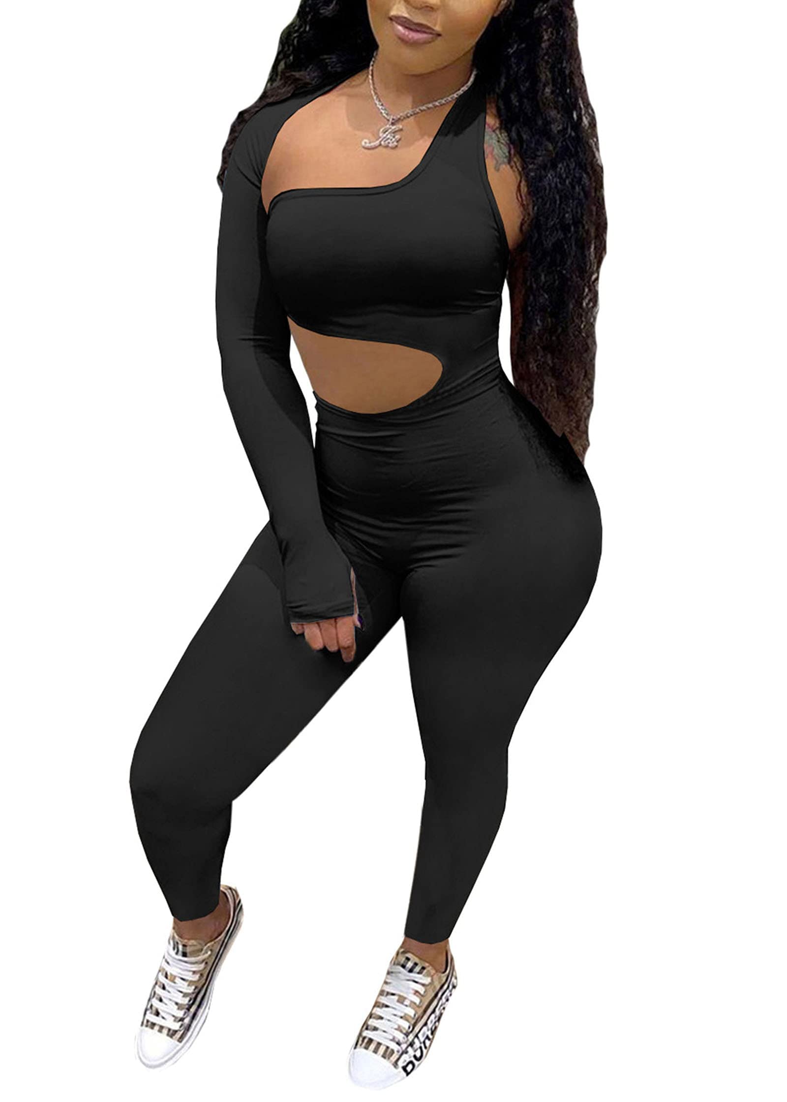 Hilinker Women's Sexy One Shoulder Cut Out Bodycon Jumpsuit - Long Pants Romper for Night Out, Party & Club Wear