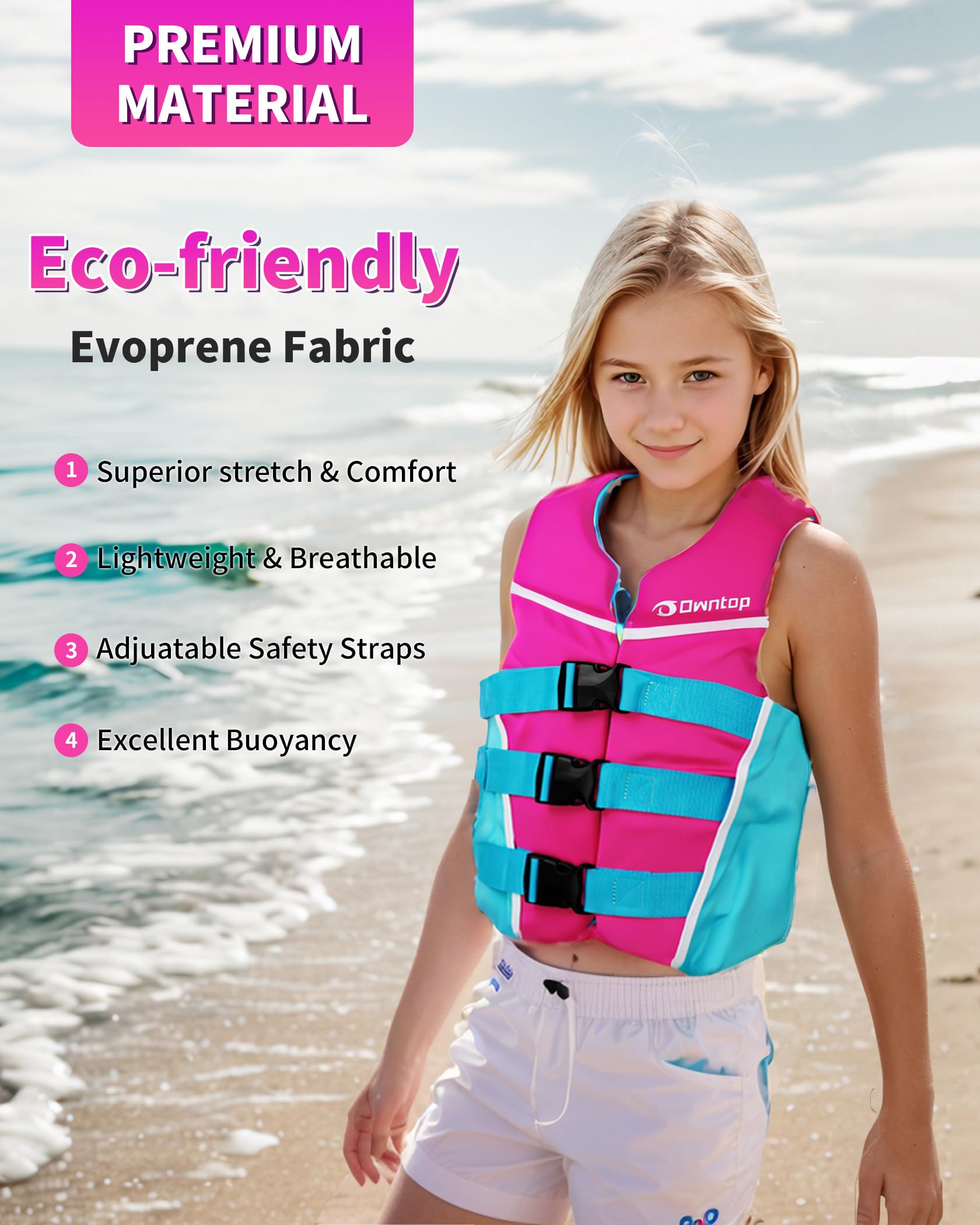 Owntop Youth Swim Vest - Lightweight & Breathable Life Jacket with Adjustable Safety Straps | High-Visibility Colors for Swimming Training, Kayaking & Boating | Fits Kids 50-125 lbs | Perfect for Pool, Lake & Beach Water Activities