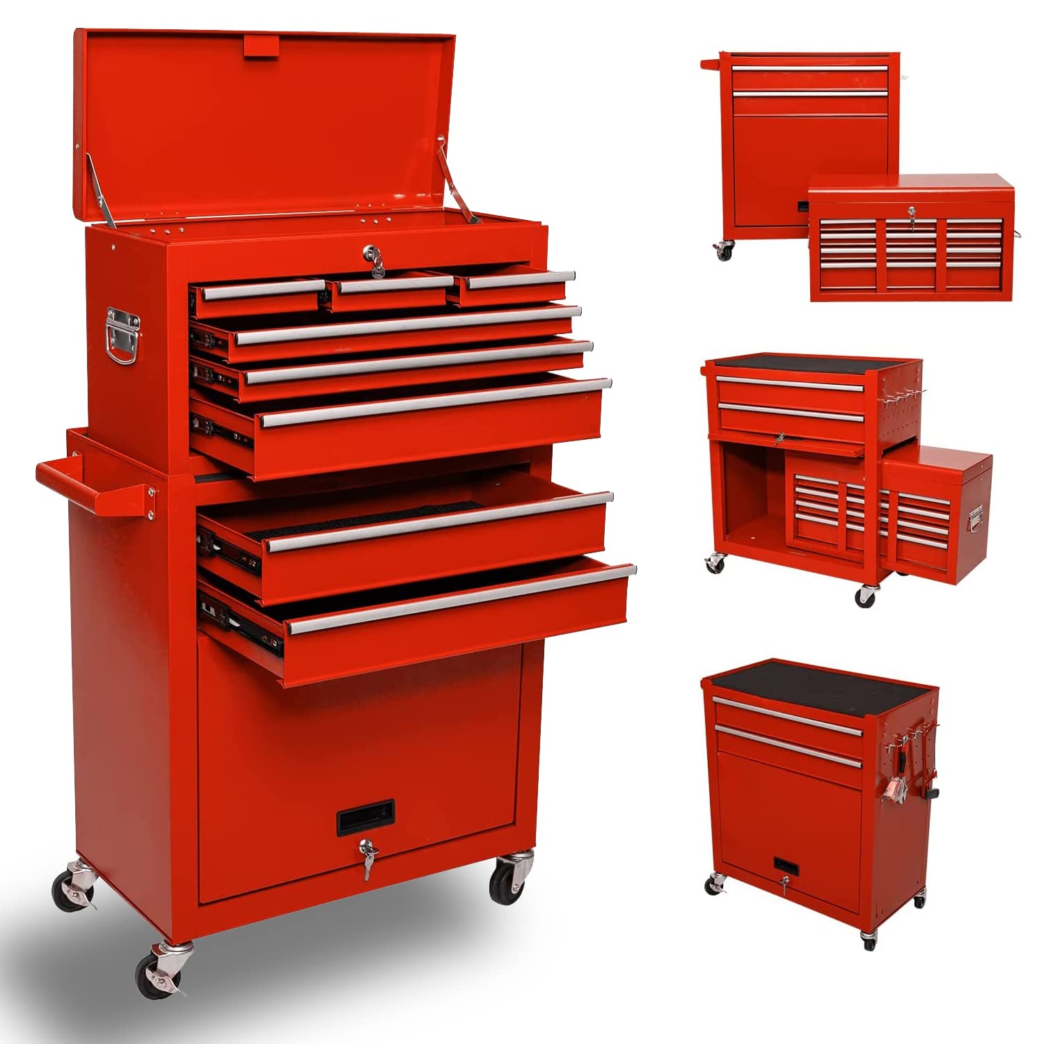 DUSACOM 8-Drawer Rolling Tool Chest with Wheels - High Capacity Removable Cabinet Storage Toolbox for Workshop, Garage & Mechanics - Detachable Tool Box with Lock (Red) - Perfect for Automotive Repair, DIY Projects & Home Organization