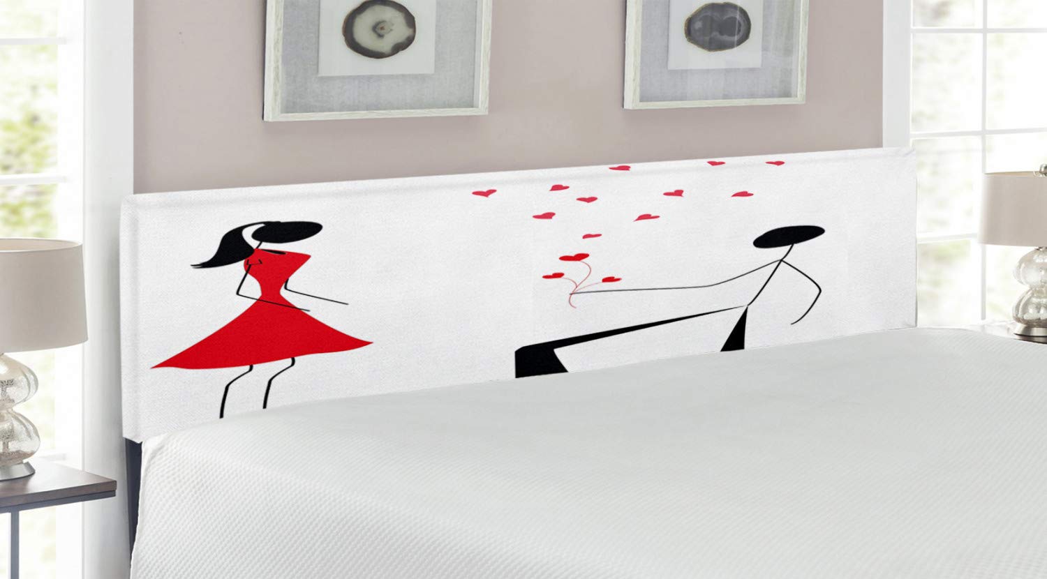 Ambesonne King Size Upholstered Metal Headboard - Modern Minimalist Engagement Party Design with Heart Flowers, Memory Foam Padding, Black White & Red - Perfect for Couples' Bedroom Decor & Wedding Gift