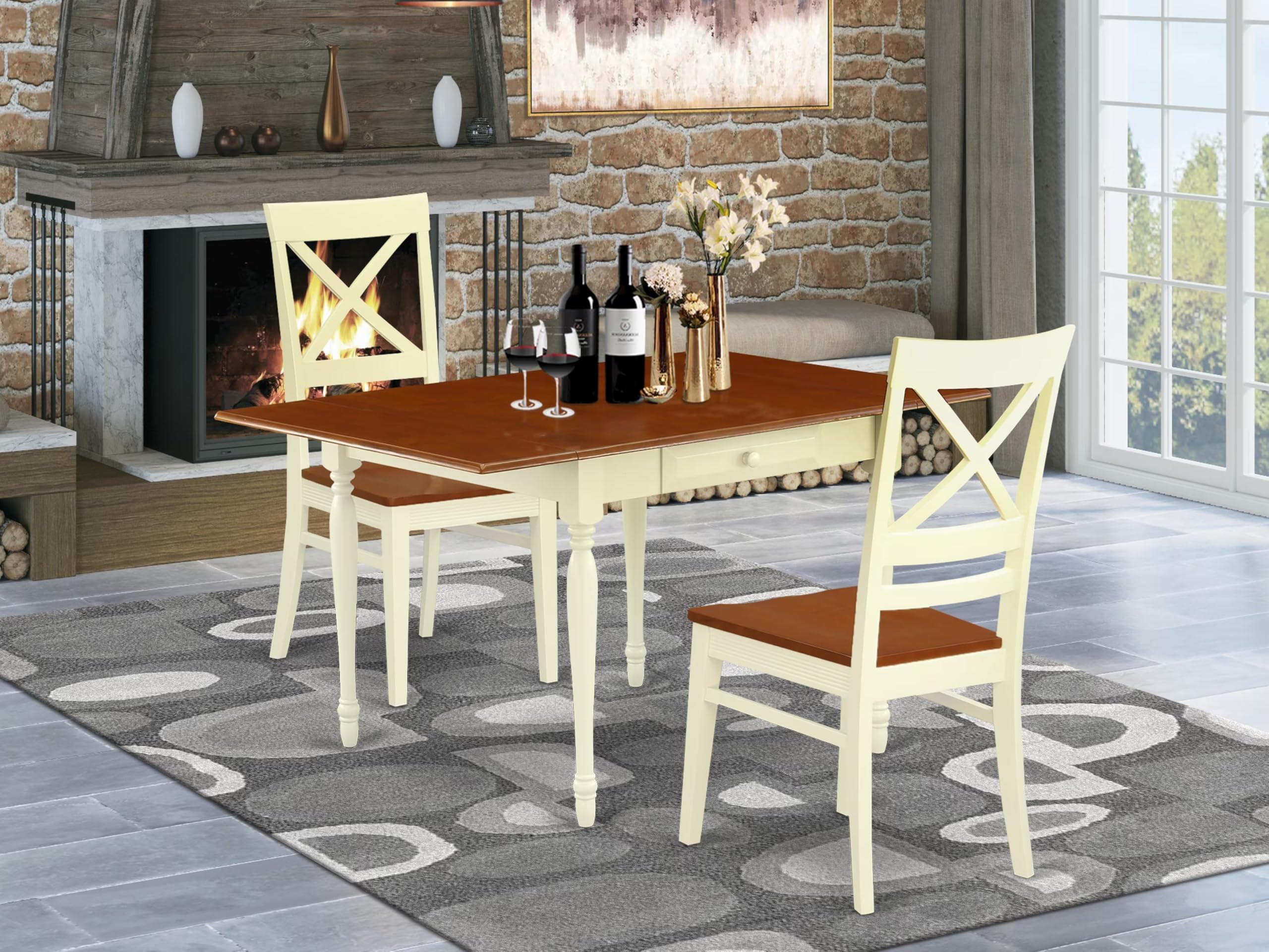 East West Furniture MZQU3-WHI-W 3-Piece Dining Set with Drop-Leaf Table & 2 Chairs, 36x54 Inch, Buttermilk & Cherry - Perfect for Small Kitchens, Breakfast Nooks & Compact Dining Spaces