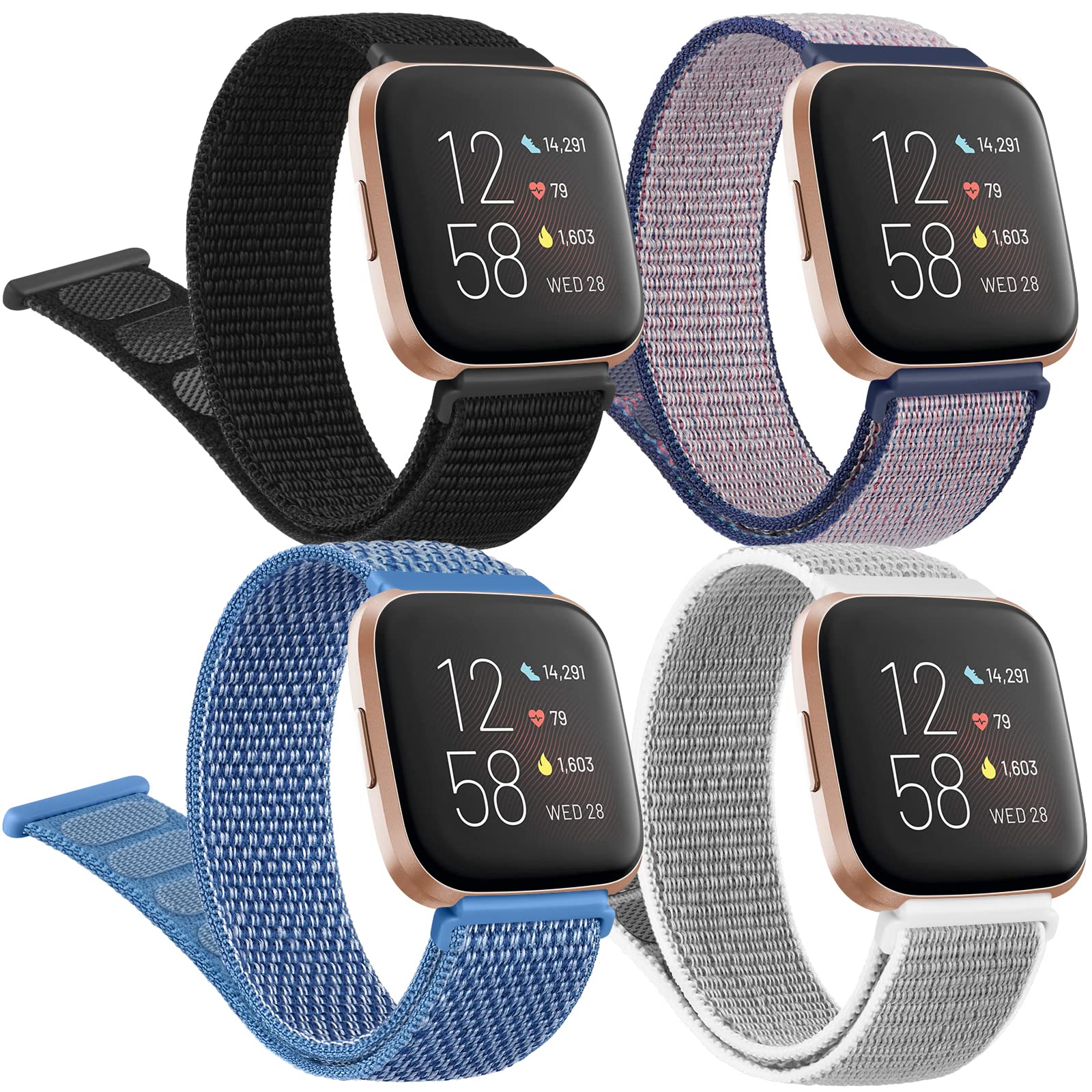 4 Pack Nylon Replacement Bands for Fitbit Versa 2 - Adjustable Sport Wristbands for Women & Men (Black/Blue/Seashell) - Comfortable & Durable Fitness Tracker Accessories for Running, Workout & Daily Wear