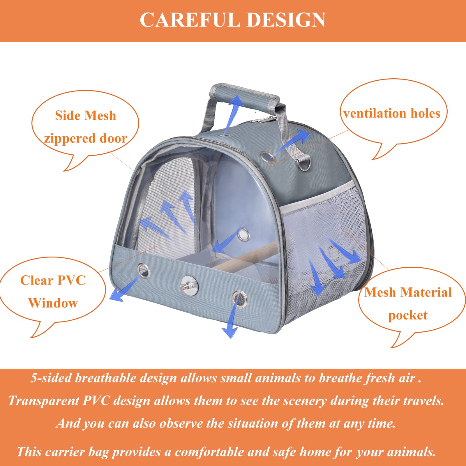 Portable Bird Travel Carrier with Stand & Tray - Small Parrot Cage for Parakeets, Cockatiels | Shoulder Strap & Side Access Window | Perfect for Vet Visits, Outdoor Adventures & Air Travel (Blue)