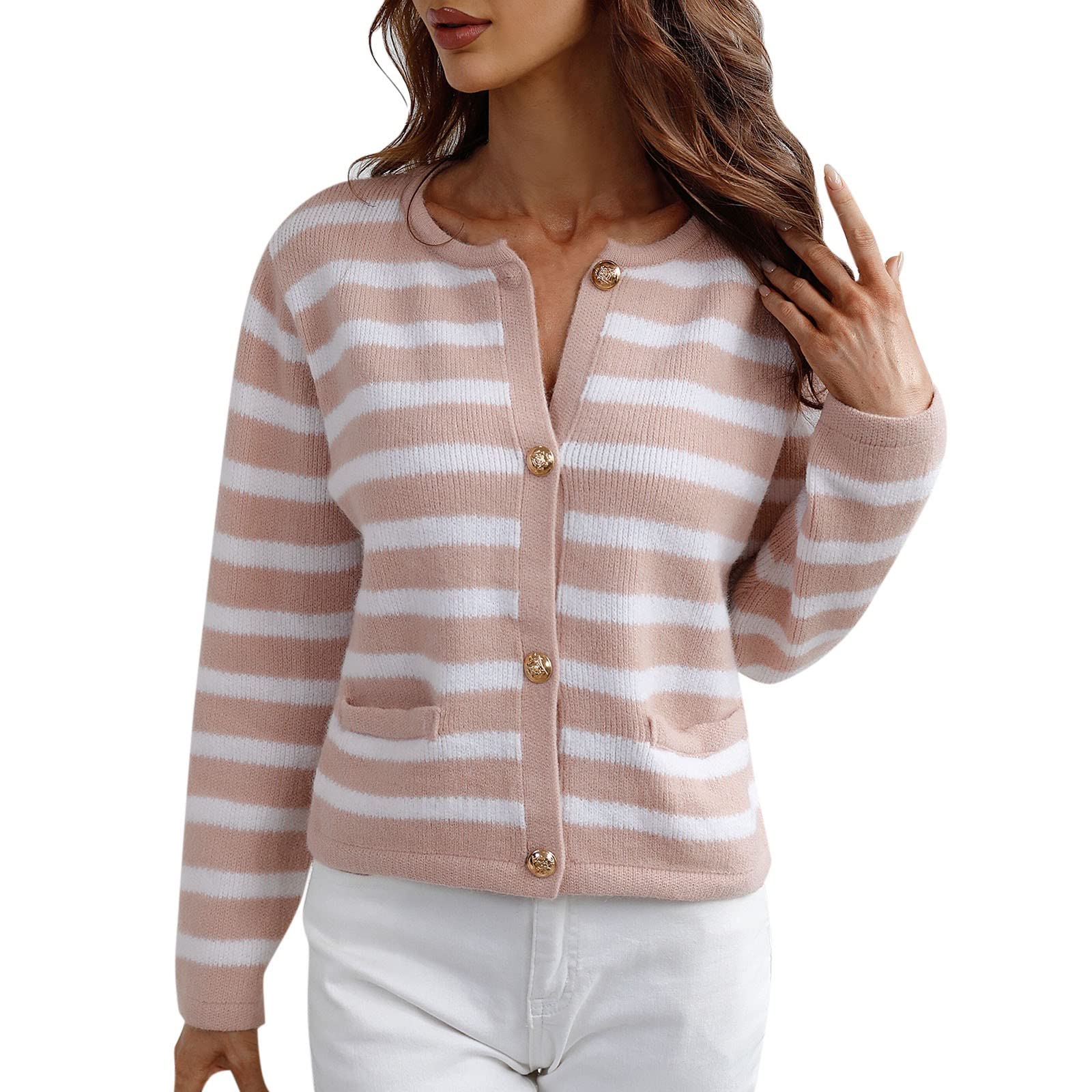 Women's Casual Striped Sweater Vest Cardigan - Round Neck Loose Fit Long Sleeve Pocket Coat Top for Fall Layering & Office Wear