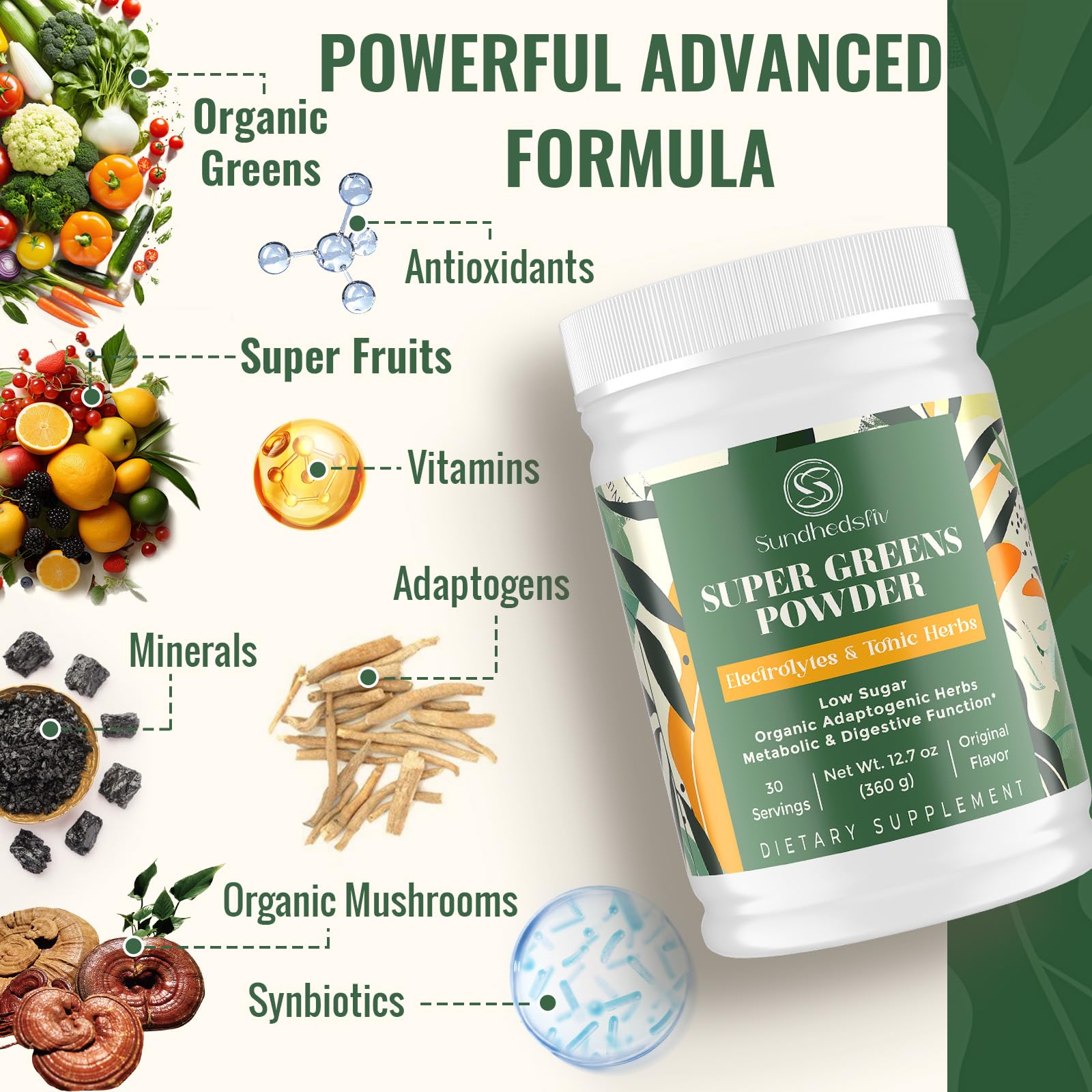 Organic Super Greens Powder with Electrolytes & Tonic Herbs - Superfood Supplement for Gut Health, Energy & Immunity | Adaptogens, Shilajit, Antioxidants, Prebiotic & Probiotic Blend | 30 Servings for Smoothies, Detox & Daily Wellness Boost