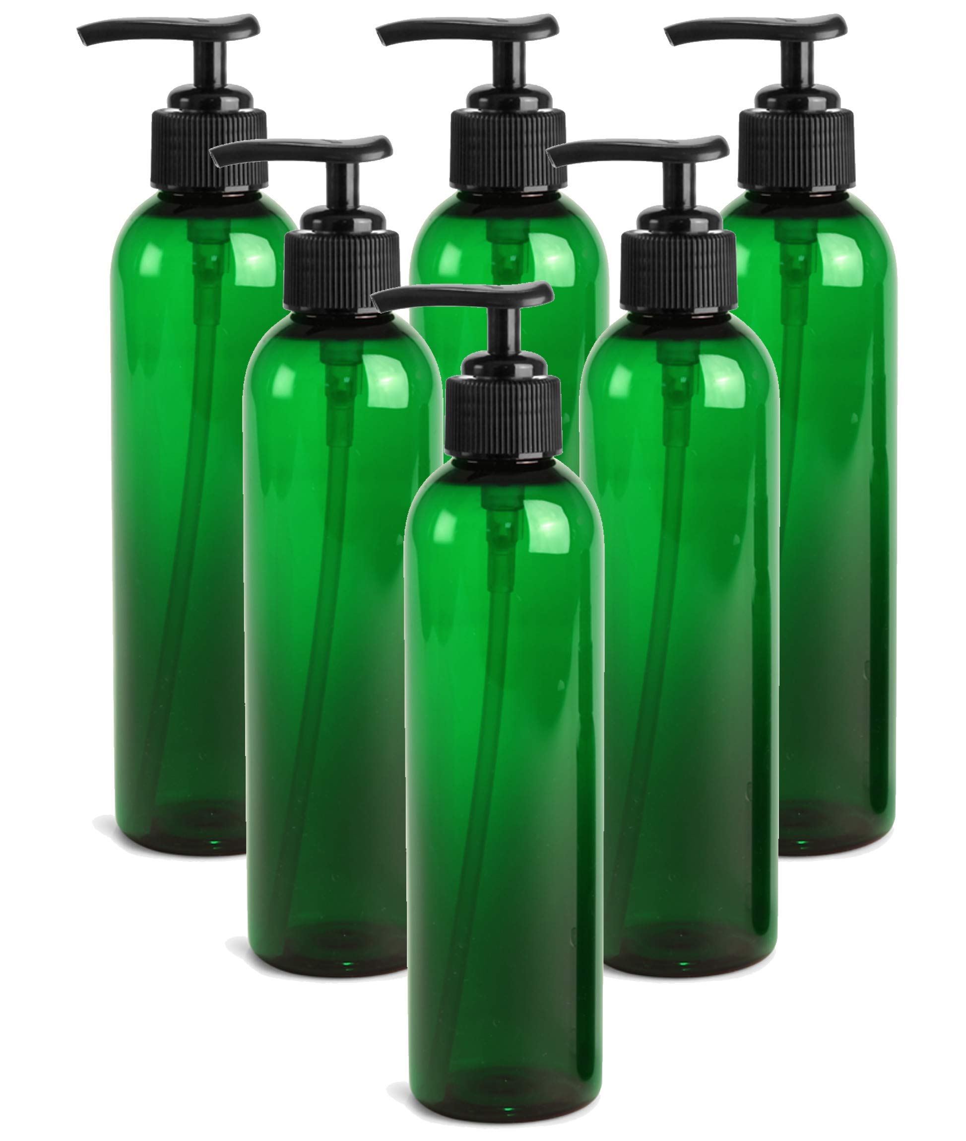Grand Parfums 8 Oz GREEN Plastic Bottles with Black Lotion Pumps - Refillable Containers for Gel, Soap, Shampoo, Body Lotion & Cream (6-Pack) - Perfect for Home, Salon & Travel Use