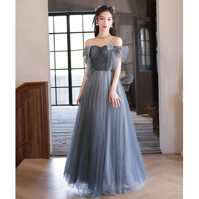 Elegant Off Shoulder Blue A-Line Prom Dress with Tulle Skirt & Bow Tie - Perfect for Evening Formal Parties, Homecoming, and Special Occasions