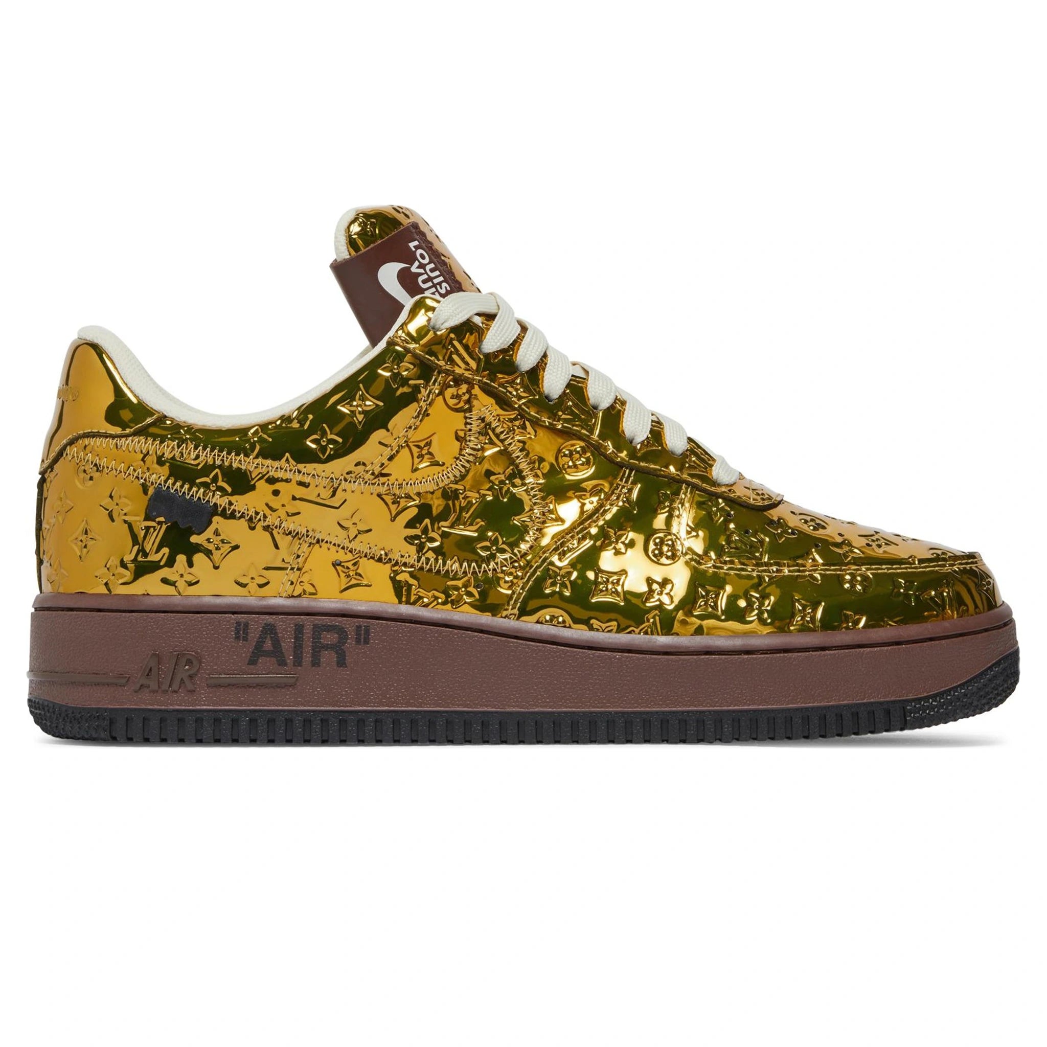 Authentic Louis Vuitton x Nike Air Force 1 Low Metallic Gold Sneakers - Limited Edition Luxury Collab for Men & Women | Perfect for Streetwear Fashion & Sneaker Collectors