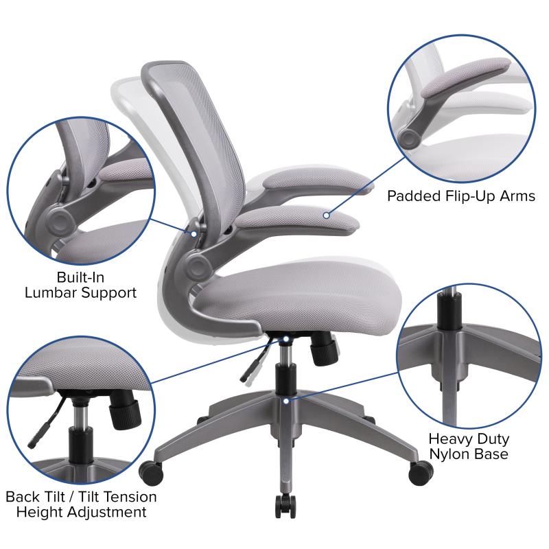Ergonomic Mesh Office Chair with Flip-Up Arms - Mid Back Swivel Task Chair with Gray Frame for Home & Office Workspace Comfort