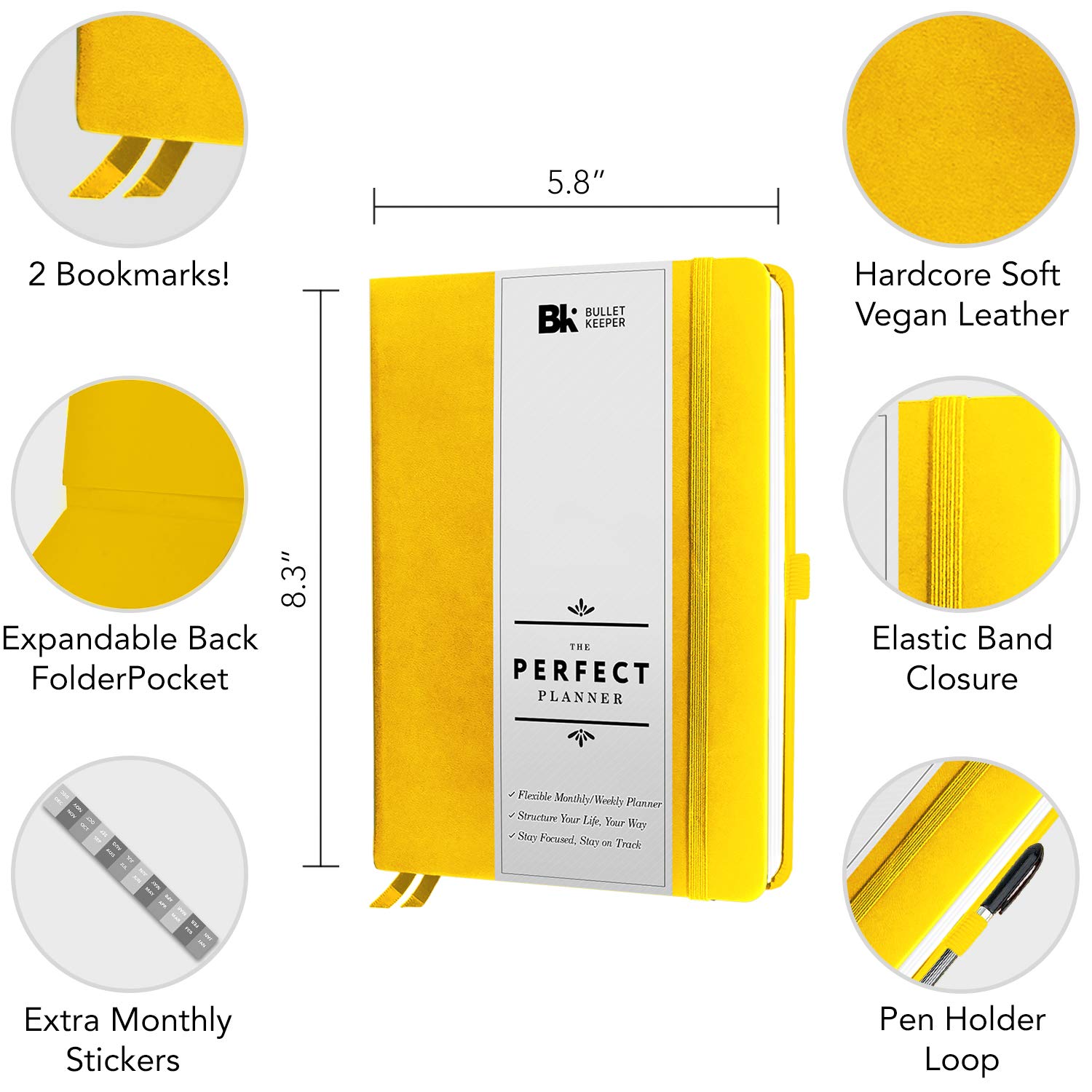 BK Undated Yearly Weekly Monthly Planner 2025-2026 - Daily Academic Planner & Personal Organizer with Sticker Set - A5 Size (5.8 x 8.3 inches) Yellow Hardcover - Boost Productivity for Students & Professionals