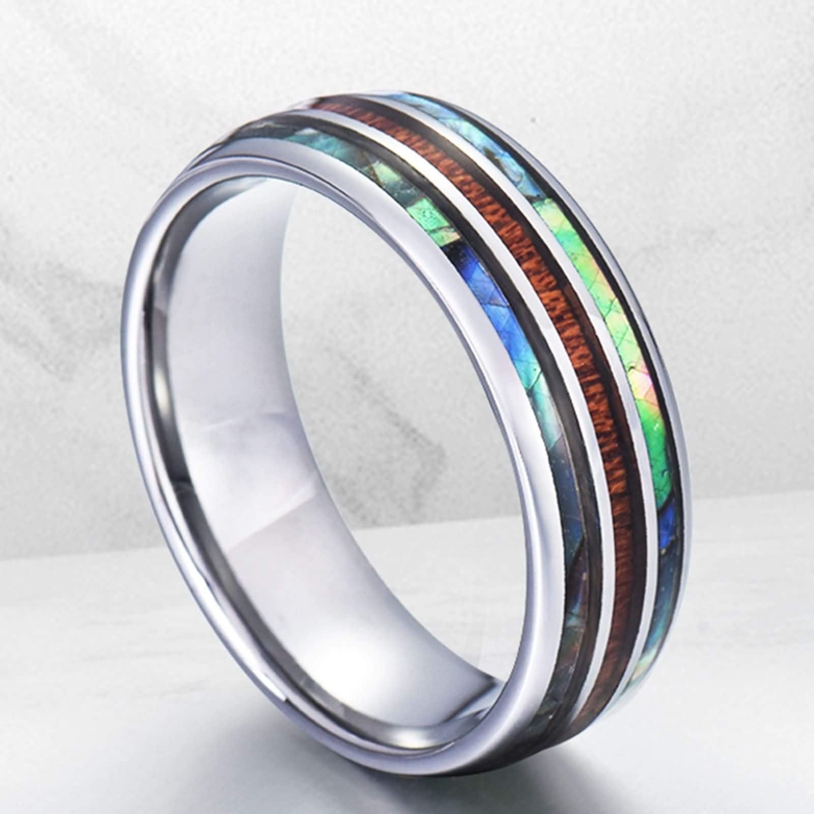 Men's Tungsten Engagement Ring 8MM with Abalone & Wood Inlay - Personalized Silver Band Size 6-14 - Perfect for Weddings, Proposals & Anniversary Gifts