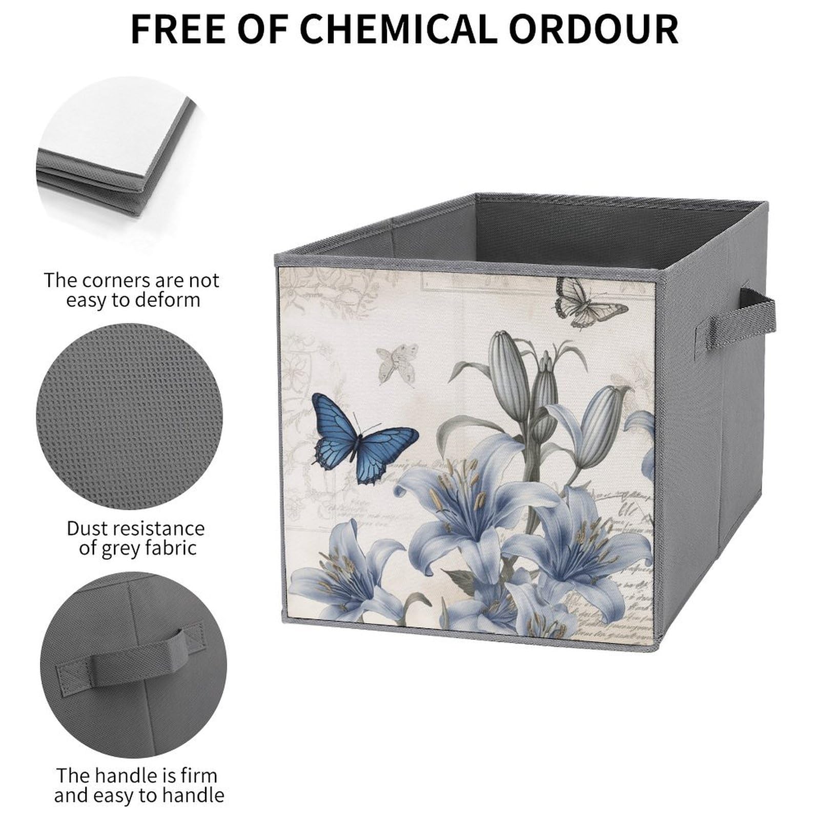 2-Pack Collapsible Storage Bins with Handles - Blue Floral Printed Foldable Storage Boxes for Home Organization, Shelves, Closet & Pantry | Space-Saving Storage Solution for Bedroom, Bathroom & Office