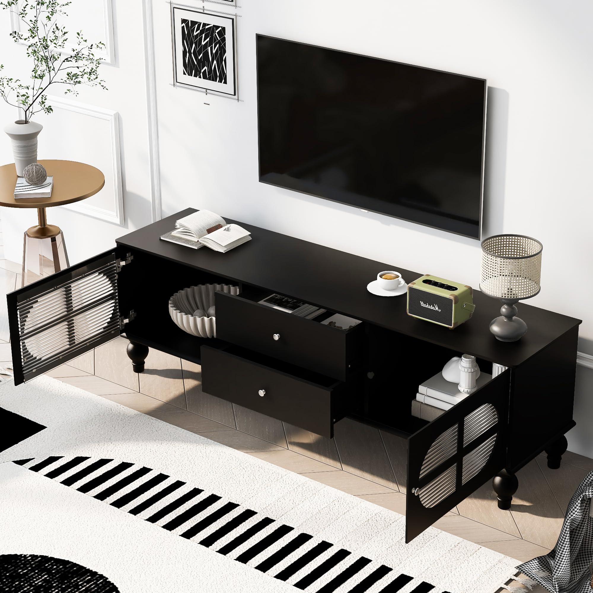 Modern TV Stand for 75 Inch TVs - Entertainment Center with 2 Drawers & 2 Fluted Glass Door Cabinets - 68.9