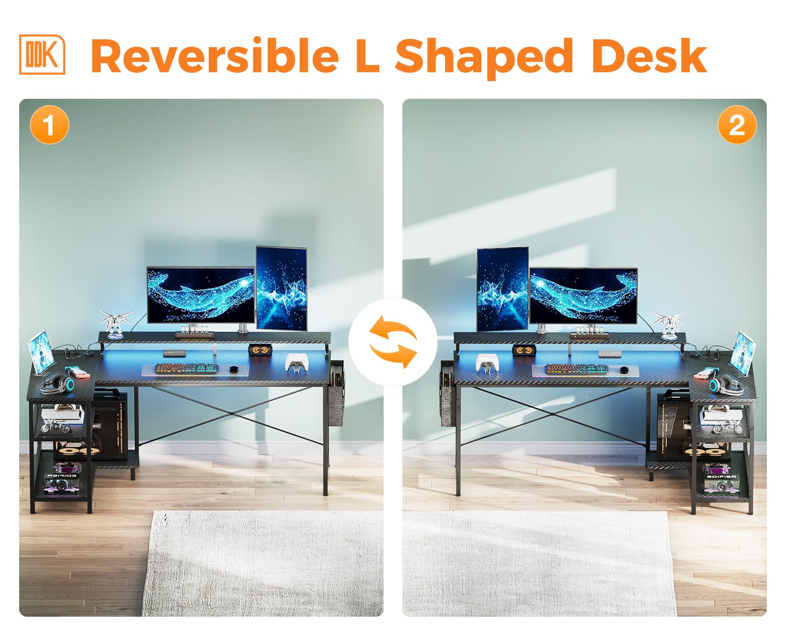 ODK 66 Inch L-Shaped Gaming Desk with USB Charging Ports, LED Lights & Power Outlets - Reversible Corner Computer Desk with Storage Shelves & Monitor Stand in Carbon Fiber Black - Perfect for Gamers, Streamers & Home Office Setup