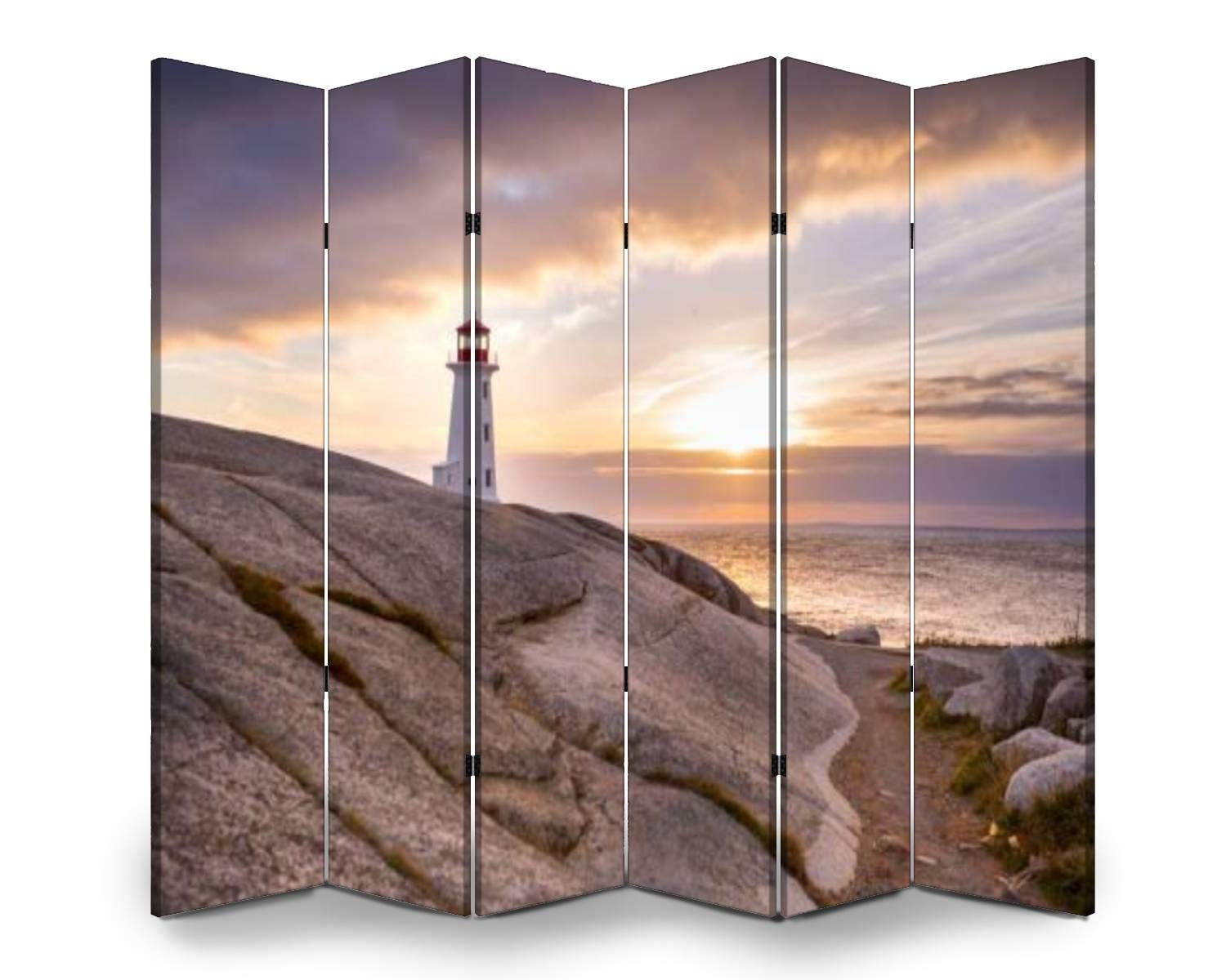 6-Panel Folding Room Divider Screen - Lighthouse Sunset Design for Indoor/Outdoor Privacy - Freestanding Partition for Home, Office, and Event Spaces - Protective Wall Separator with Royalty-Free Artwork