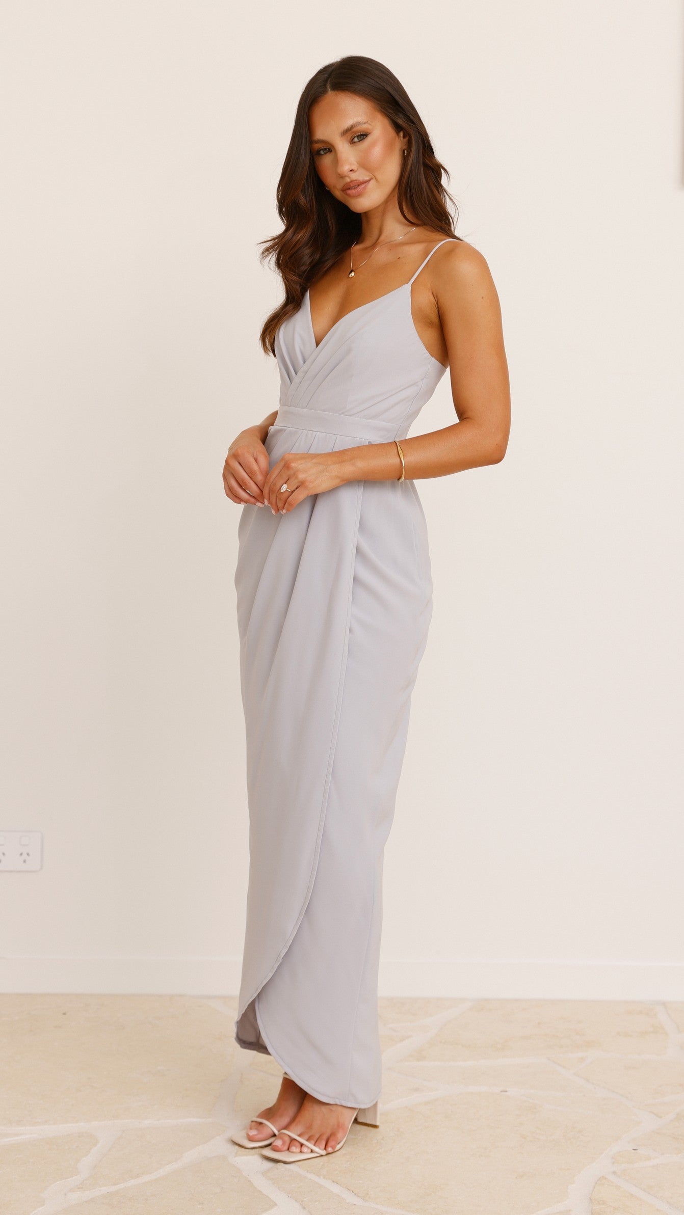 Charlotte Draped Maxi Dress - Light Grey Flowy Long Evening Gown for Women | Perfect for Weddings, Parties & Special Occasions