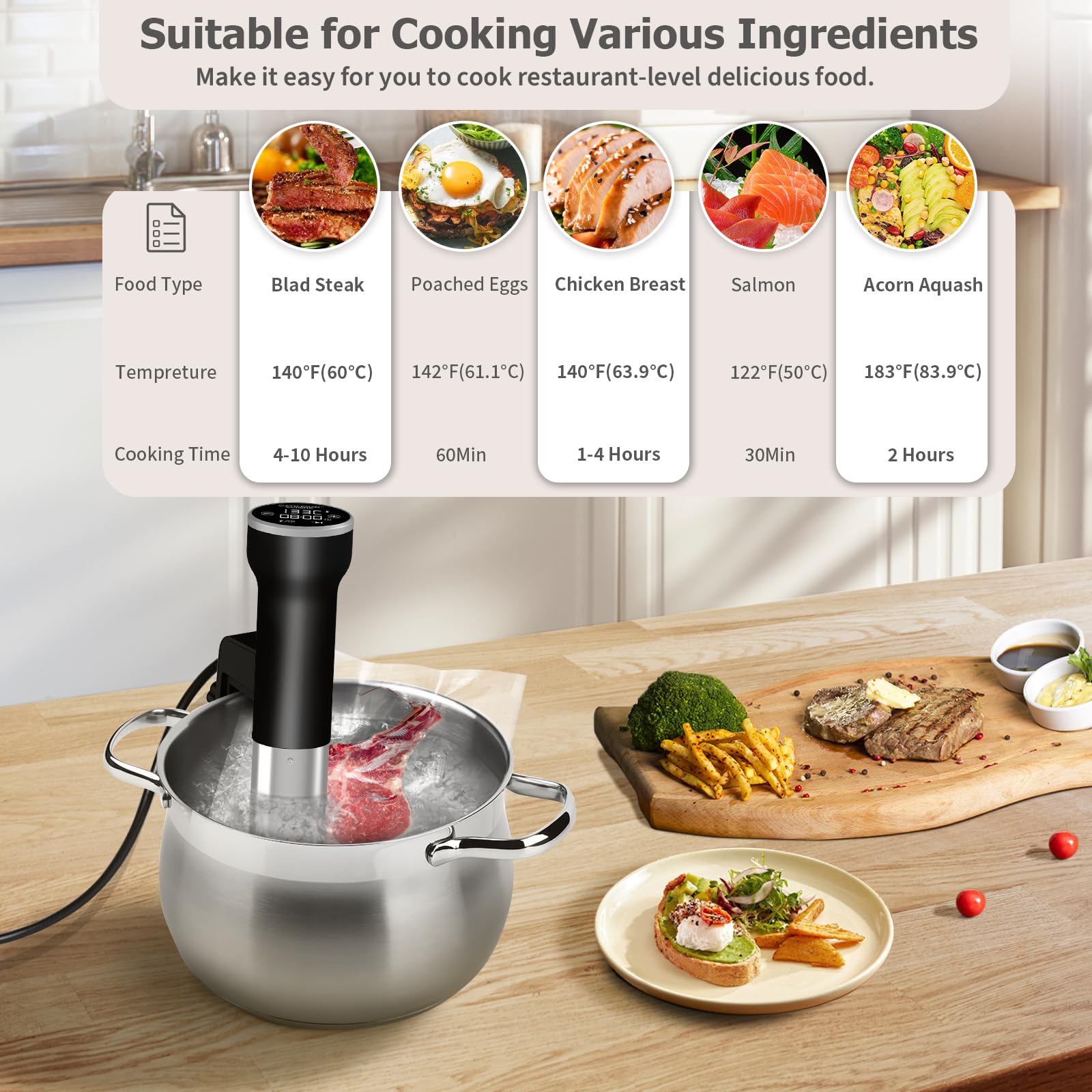Precision Sous Vide Cooker 1000W - Immersion Circulator with Digital Timer & Temperature Control - Quiet Waterproof Sous Vide Machine for Steak, Chicken, Fish - Includes Free Cookbook - Perfect for Home Chefs & Professional Kitchens