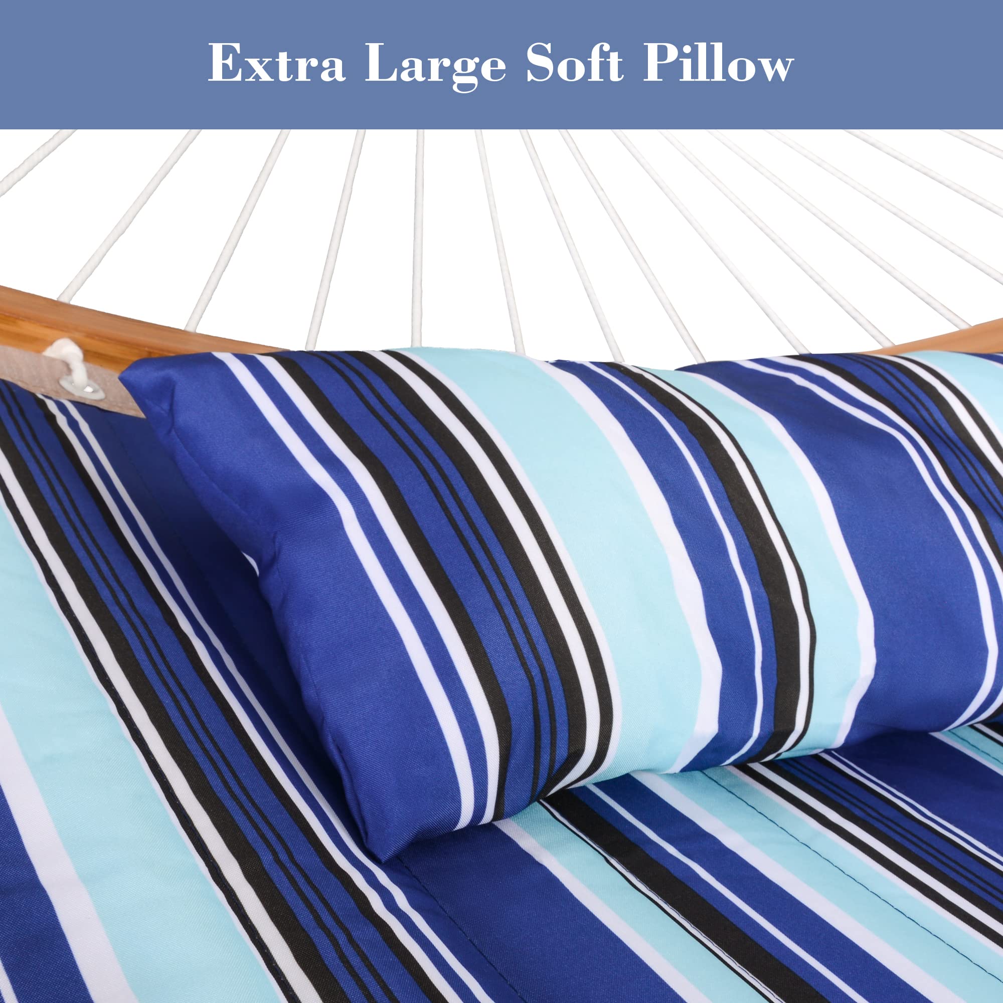 SUNCREAT Double Hammock with Stand - Portable Outdoor Hammock Set Includes Large Pillow (Blue Stripes) - Perfect for Backyard, Camping & Beach Relaxation