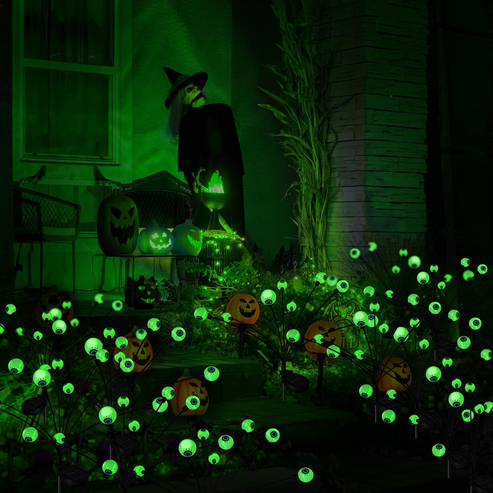 Solar Halloween Decorations - 2-Pack Scary Eyeball Garden Lights with 16 LED Waterproof Outdoor Stake Lights for Pathway, Yard & Patio | Spooky Party Decor & Landscape Lighting for Halloween Night