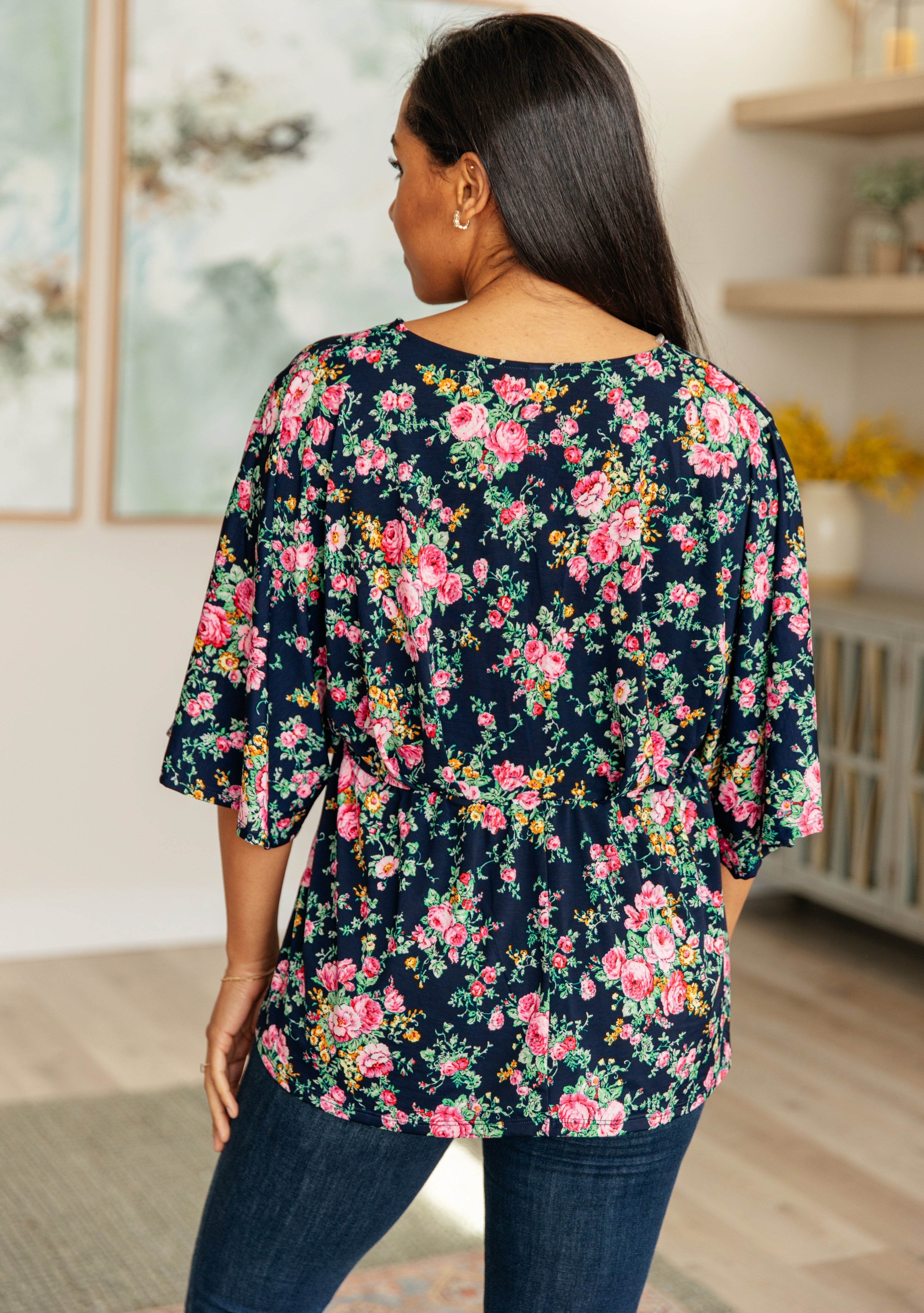 Vintage Floral Print Women's Tops - Navy & Pink Bouquet Design for Casual Wear, Date Night & Summer Outfits