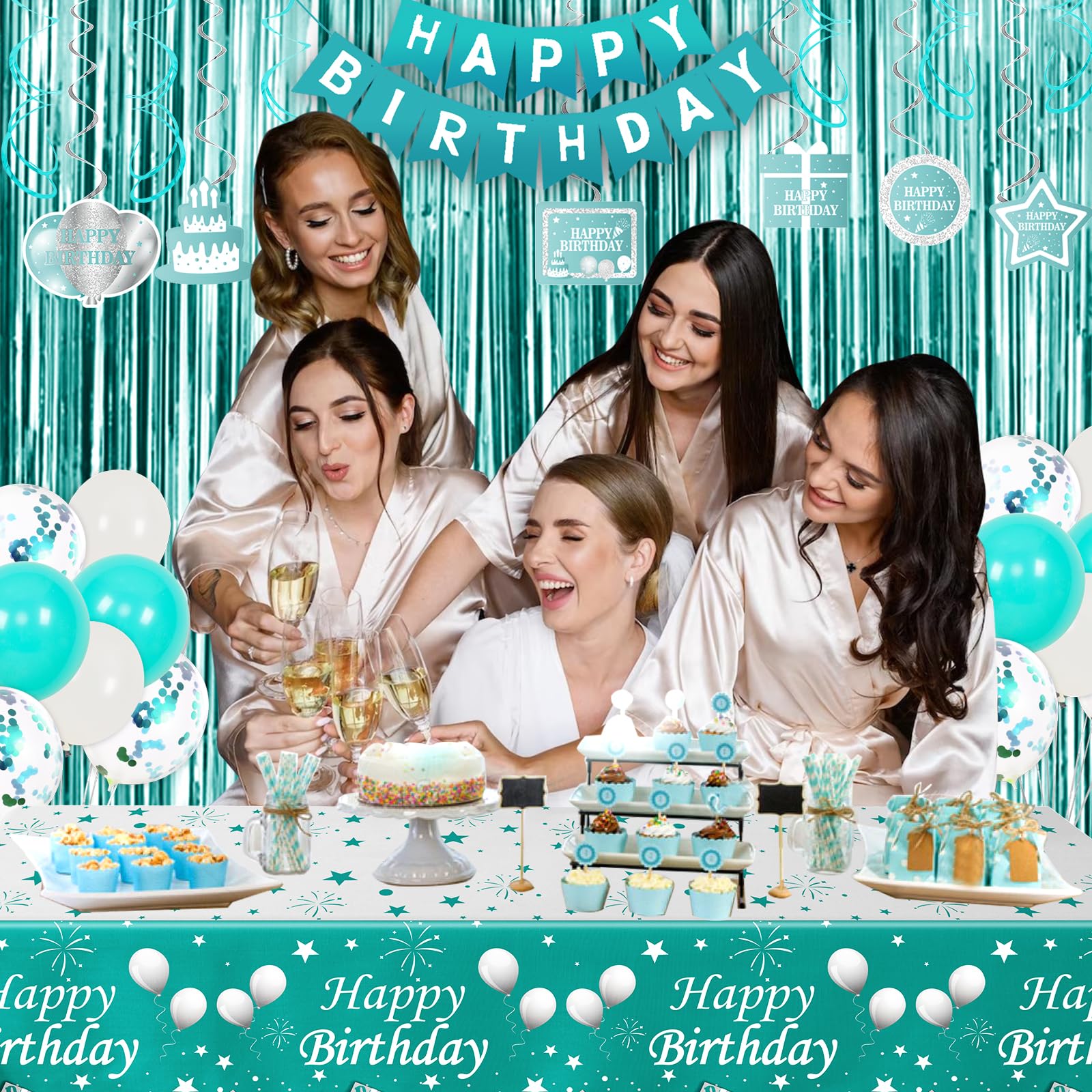 Teal Birthday Party Decorations for Girls & Women - Balloons, Curtains, Tablecloth, Swirl Pendants & Banner - Perfect for Birthday Celebrations, Baby Showers & Special Events