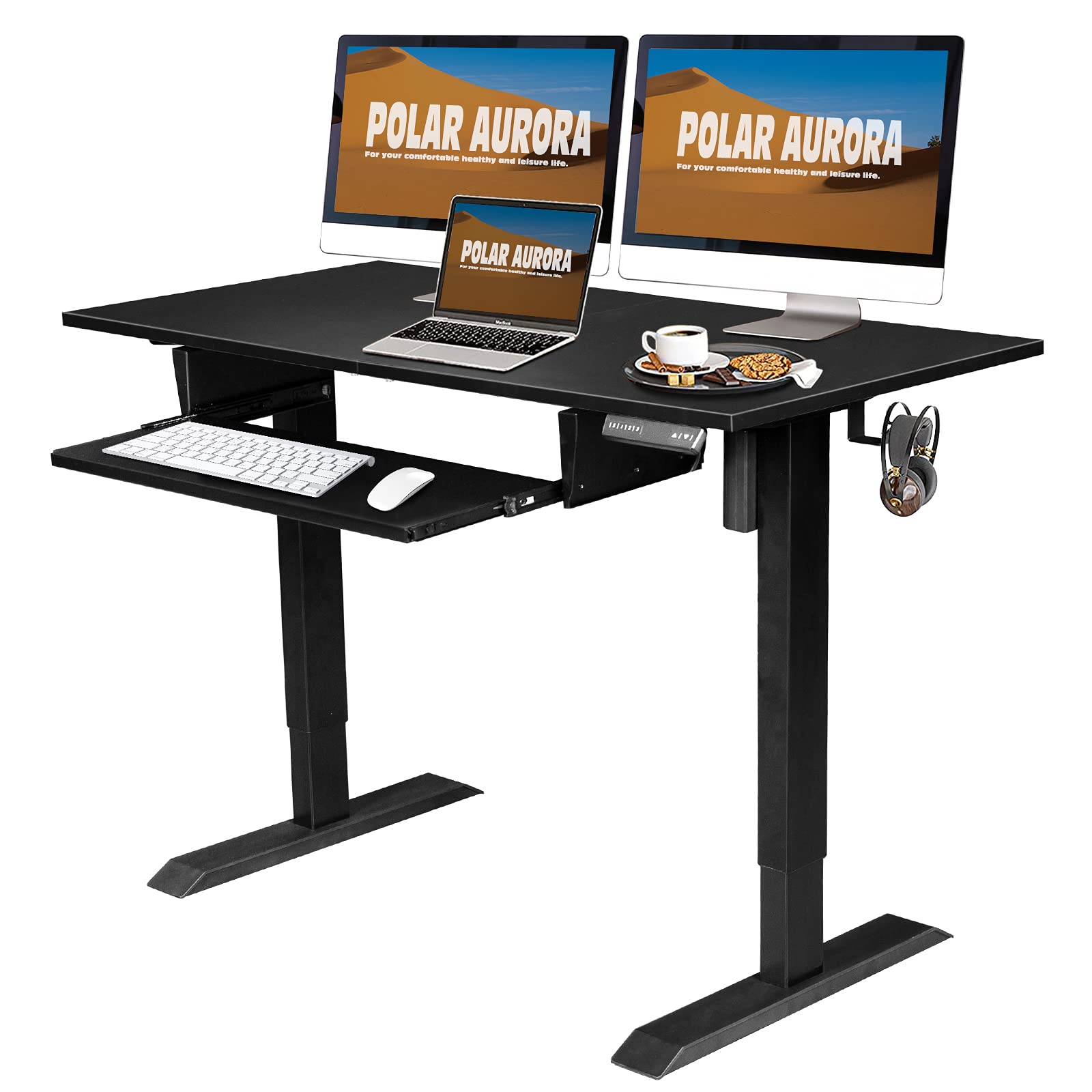 48 x 24 Inches Electric Height Adjustable Standing Desk with Drawer & Hook - Polar Aurora Sit Stand Computer Workstation for Home Office (Black Frame & Splice Board Top) - Perfect for Remote Work, Gaming Setup & Ergonomic Workspace