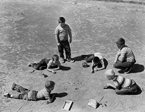 Vintage High Angle View of Boys Playing Marbles Poster Print - 18x24 Inch Wall Art Decor for Kids Room, Classroom & Retro Game Lovers